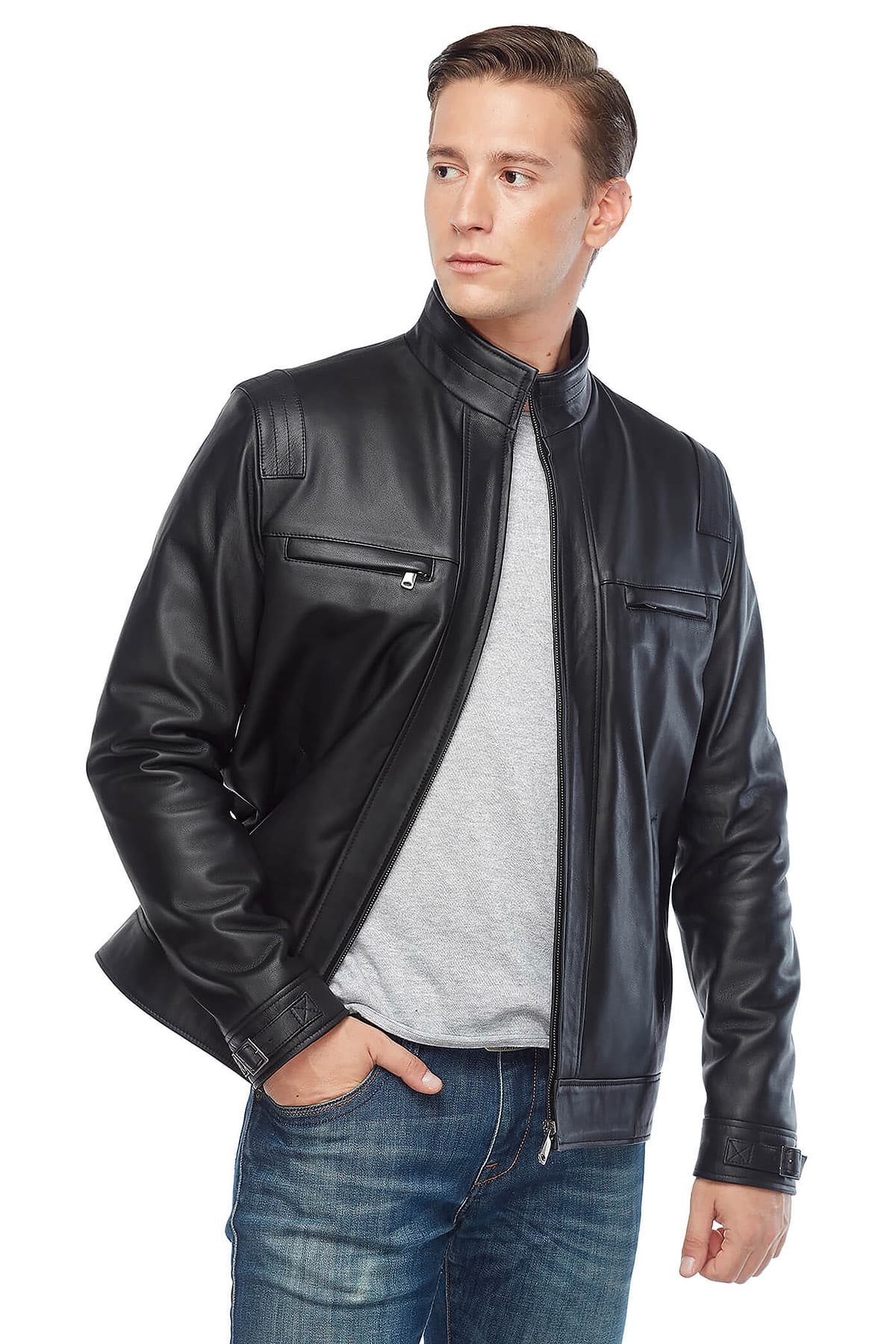 Jesse Wood Men's Genuine Leather Coat Black for Sale