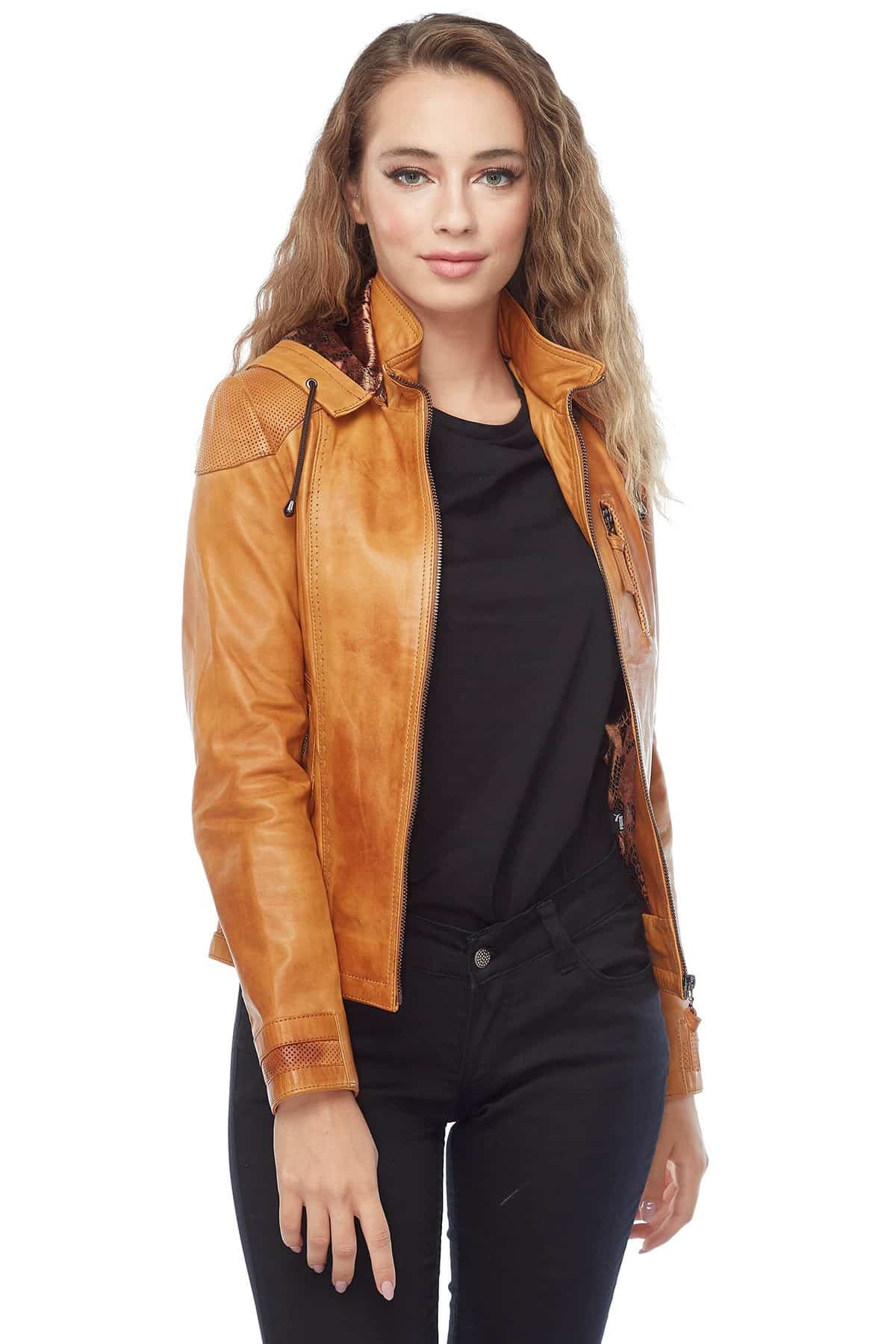 Jessie Tan Women’s Leather Hooded Jacket Pose