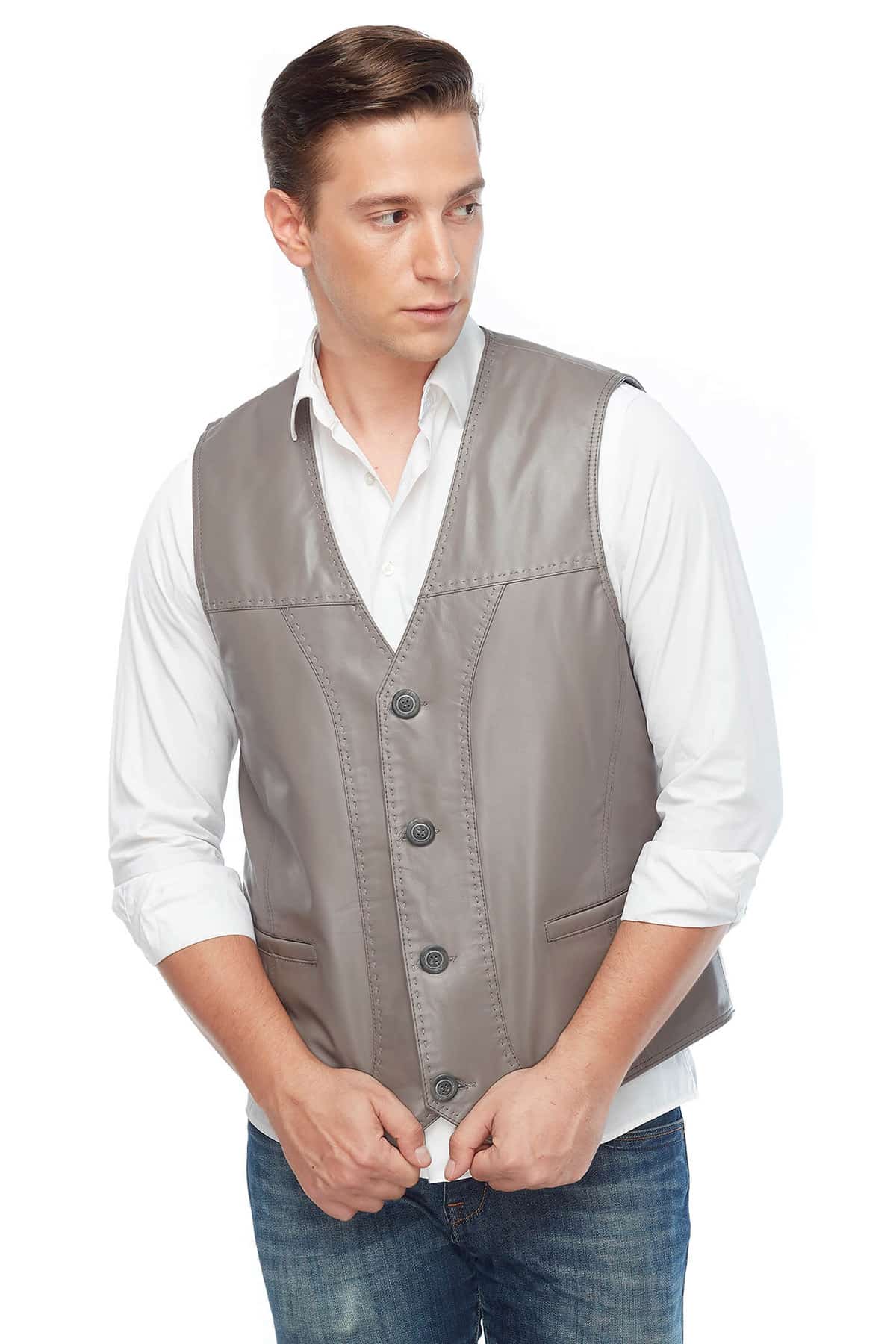 Joseph Taupe Genuine Leather Vest Pose