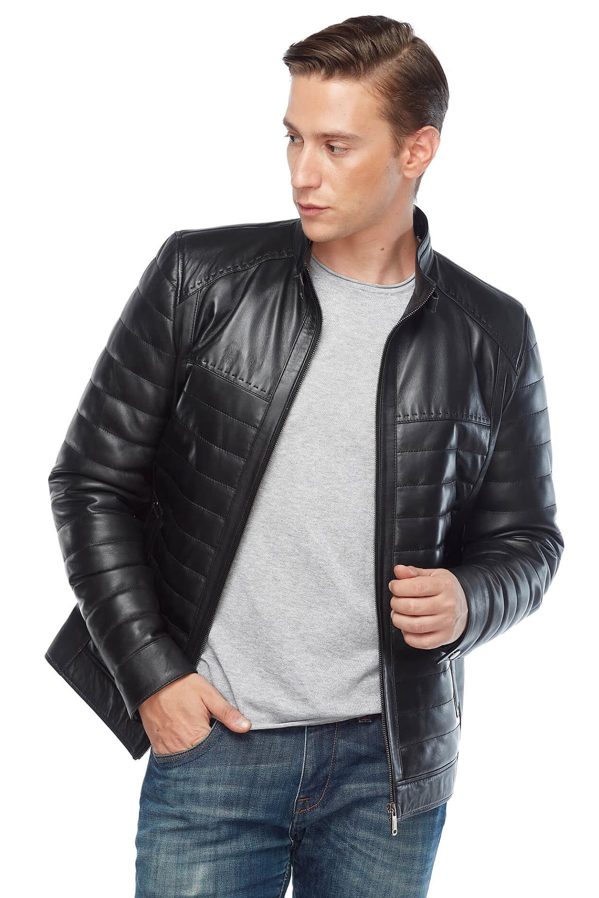 Josh O’Connor Black Genuine Leather Men’s Coat Pose