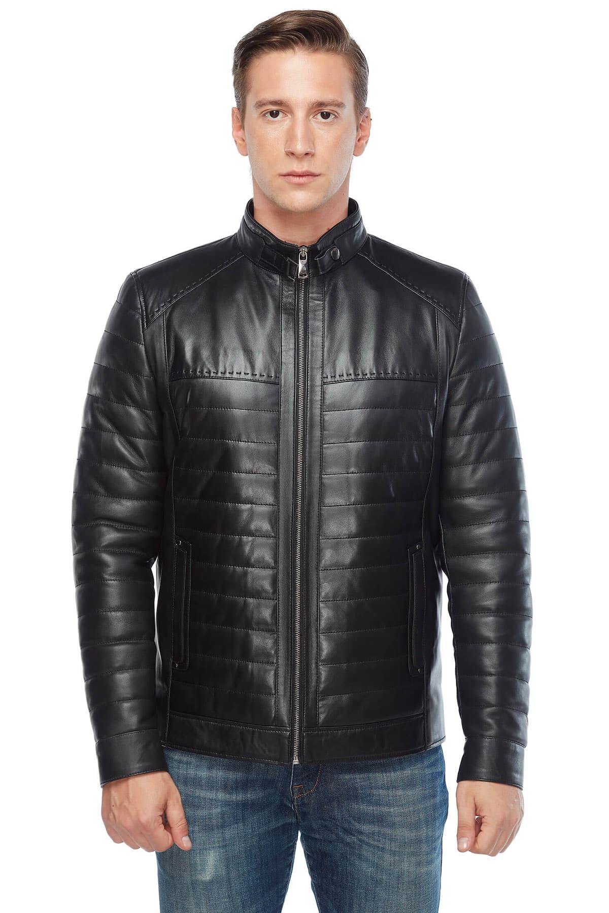 Urban Fashion Studio Genuine Black Leather Men's Puffer Jacket