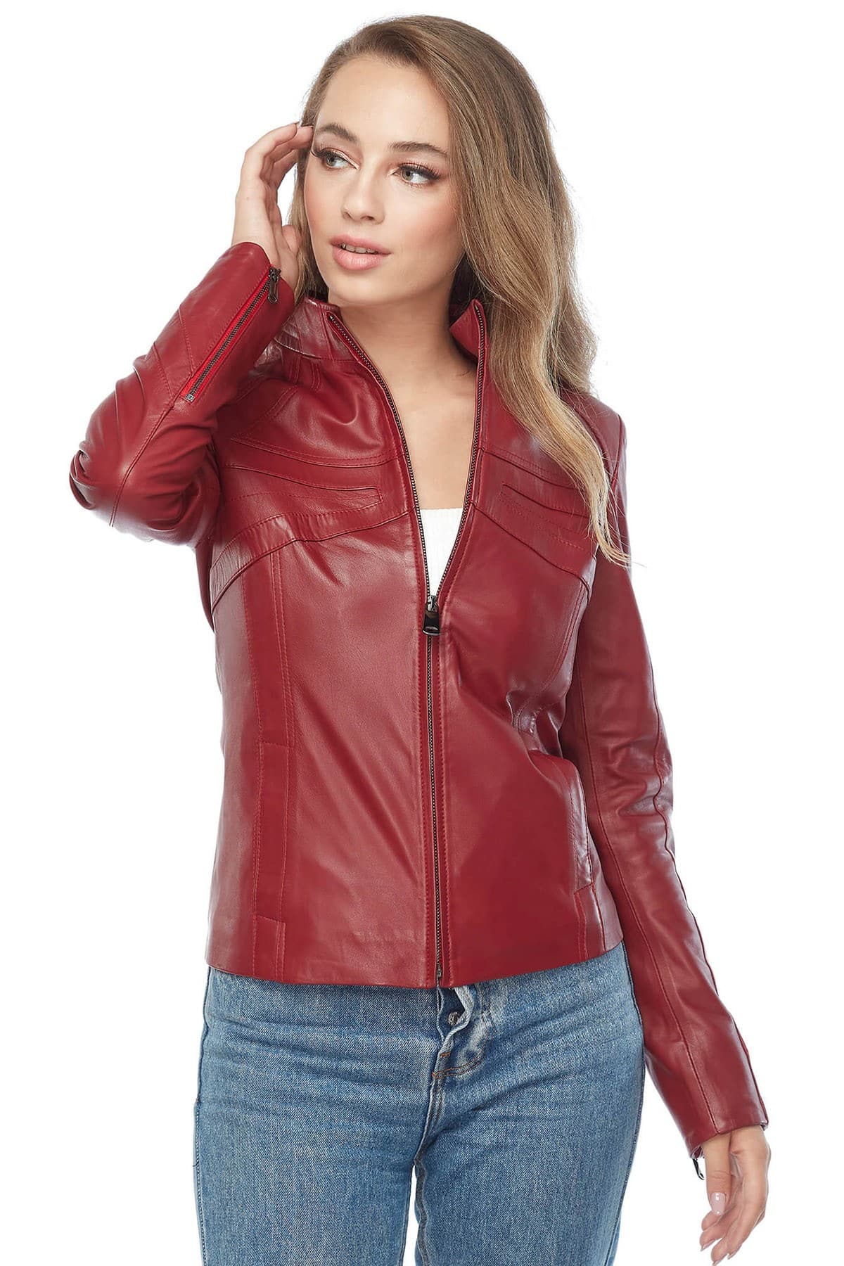 Karen Gillan Red Leather Jacket3