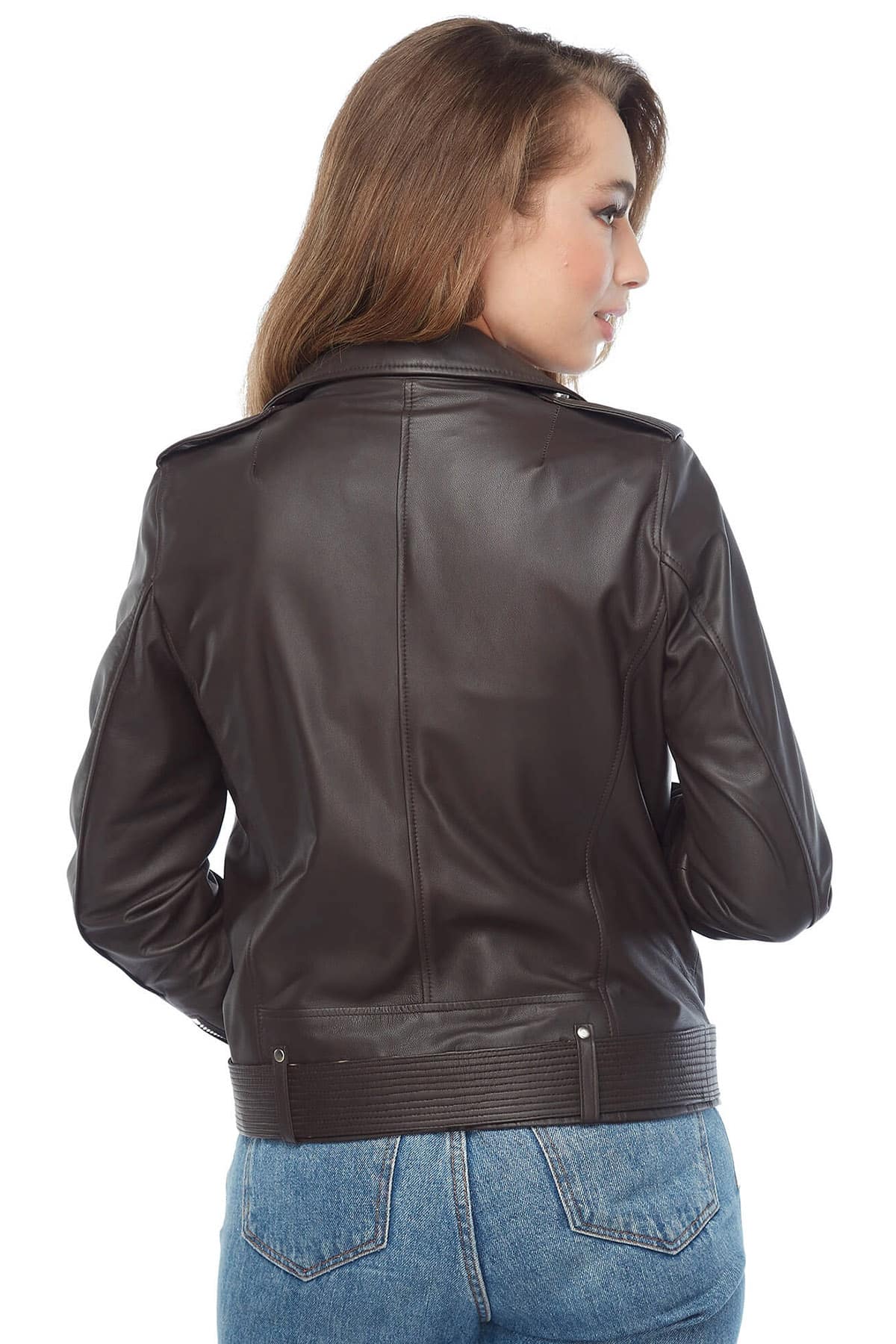 Katharine Brown Leather Biker Jacket Women Back