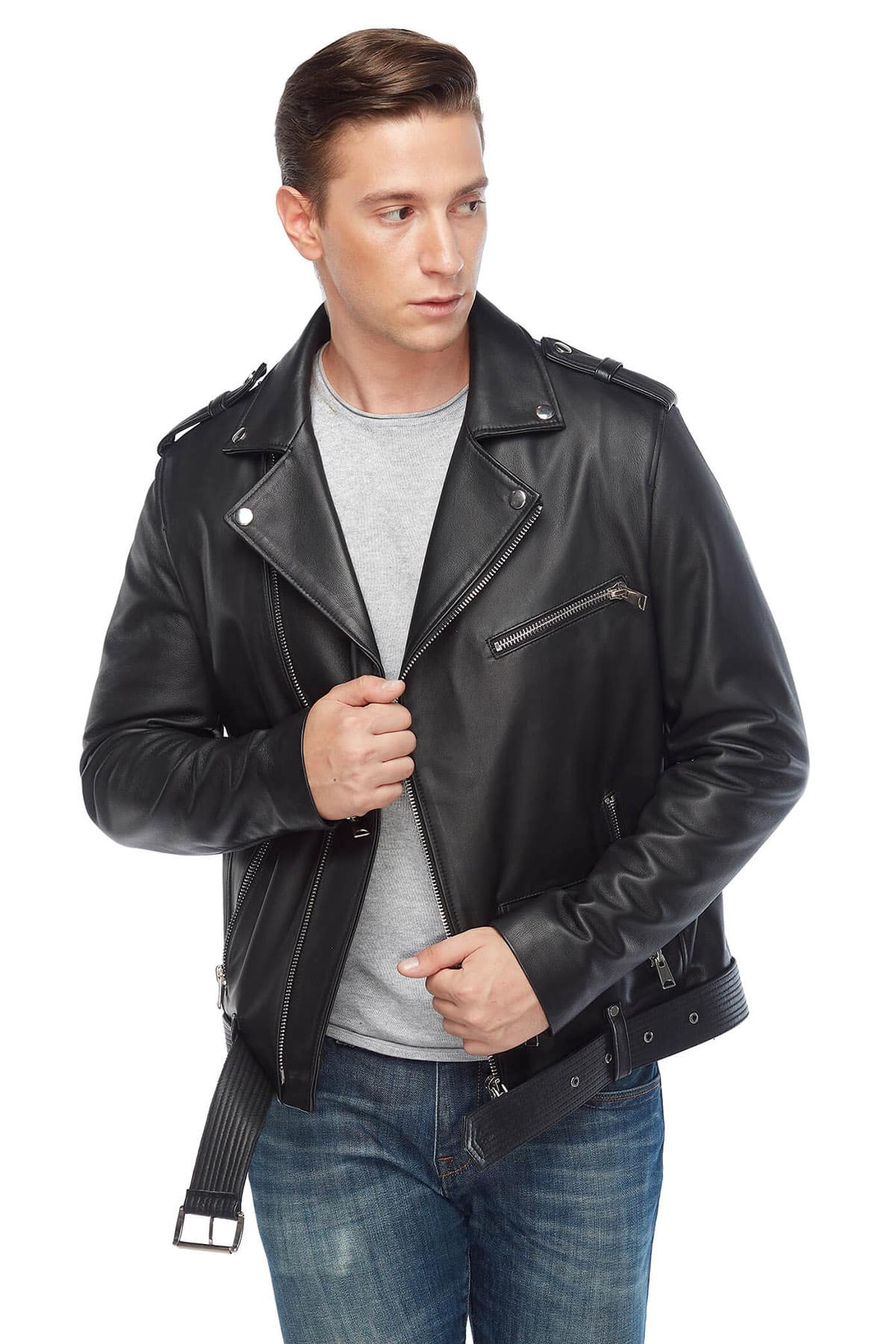 Lewis tan Men's 100 % Real Black Leather Biker Jacket