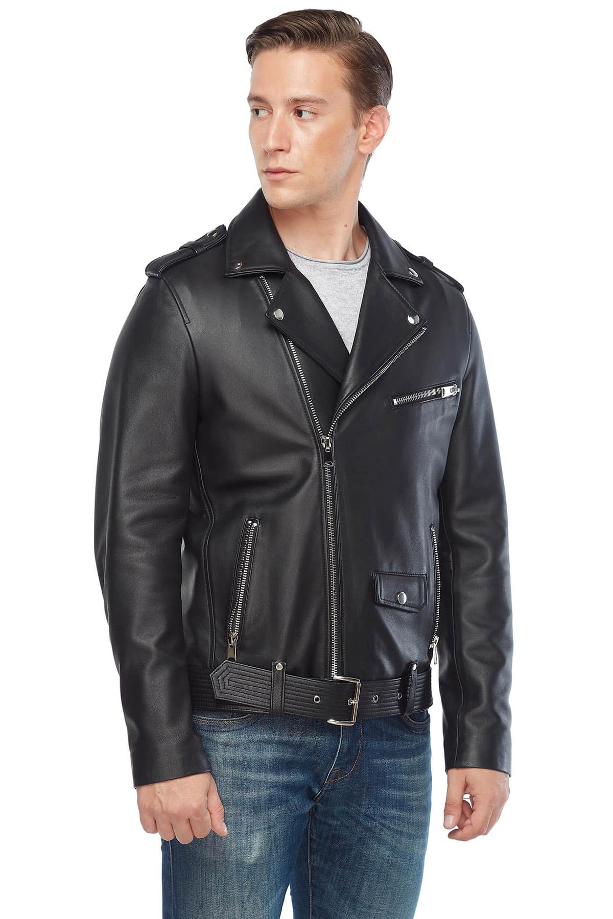 Lewis tan Men's 100 % Real Black Leather Biker Jacket