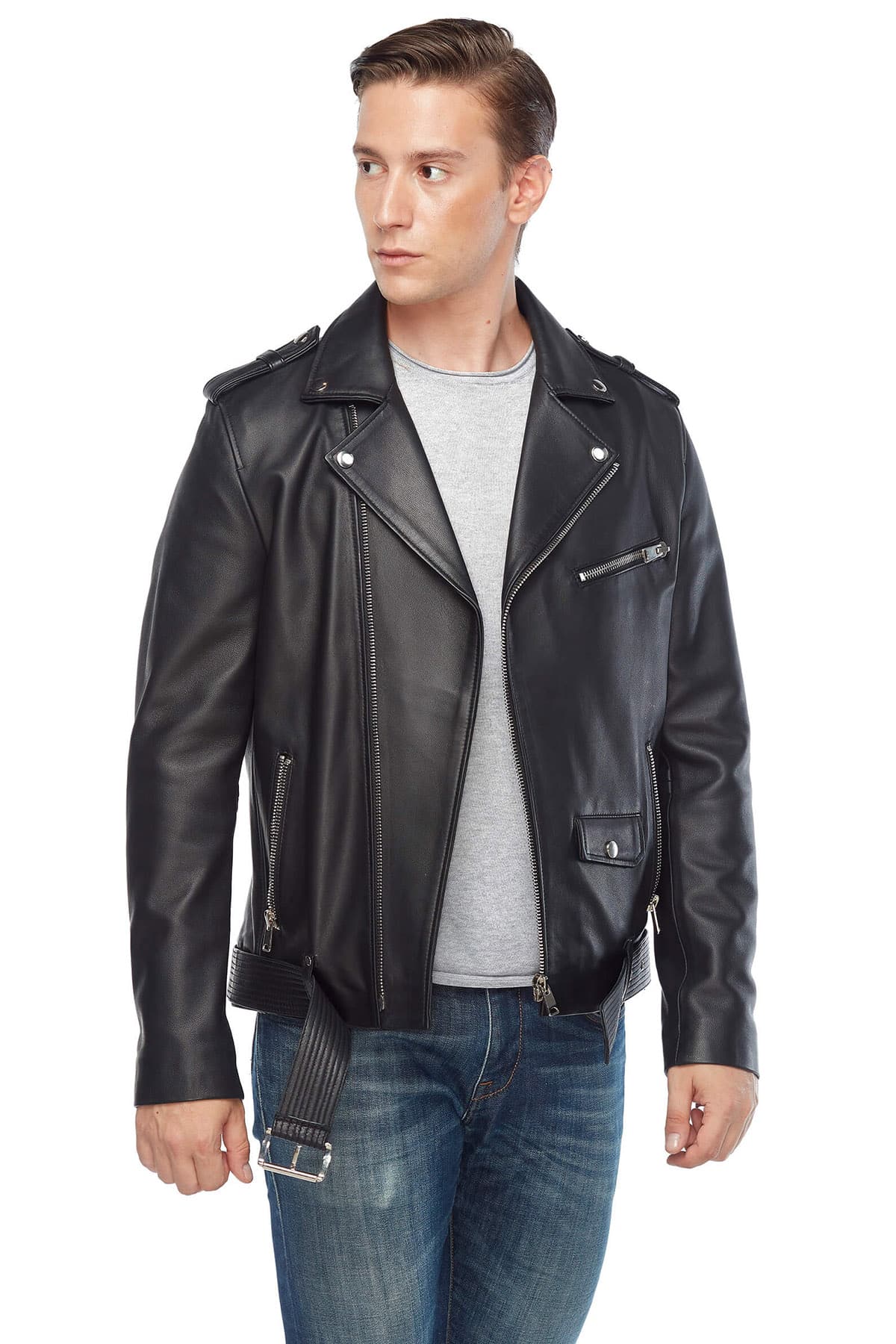 Lewis Tan Genuine Leather Biker Jacket Black2