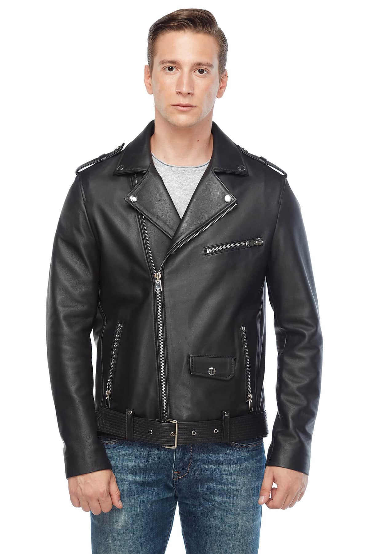 Lewis Tan Genuine Leather Biker Jacket Black3