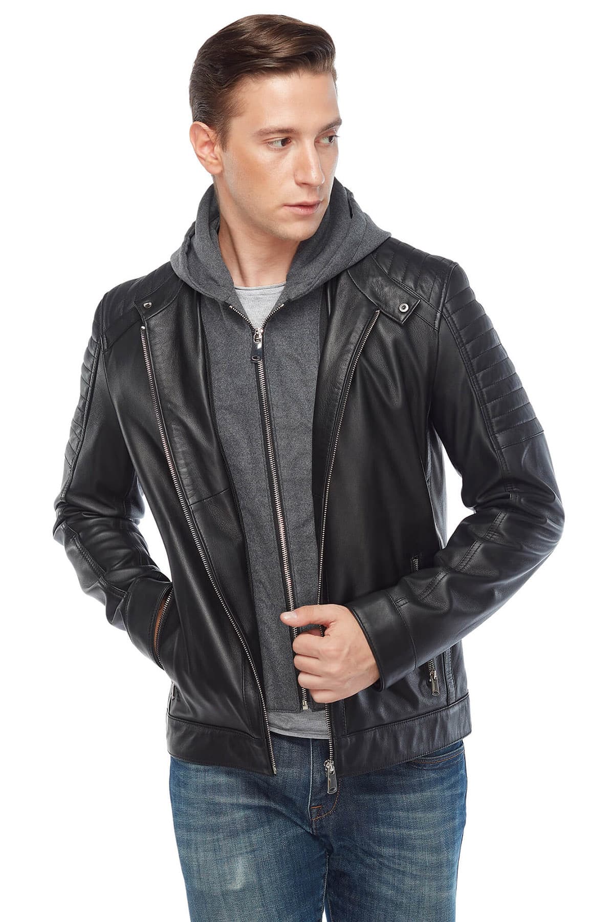 Mahir Bajramoski Men's 100 % Real Black Leather Hooded Jacket