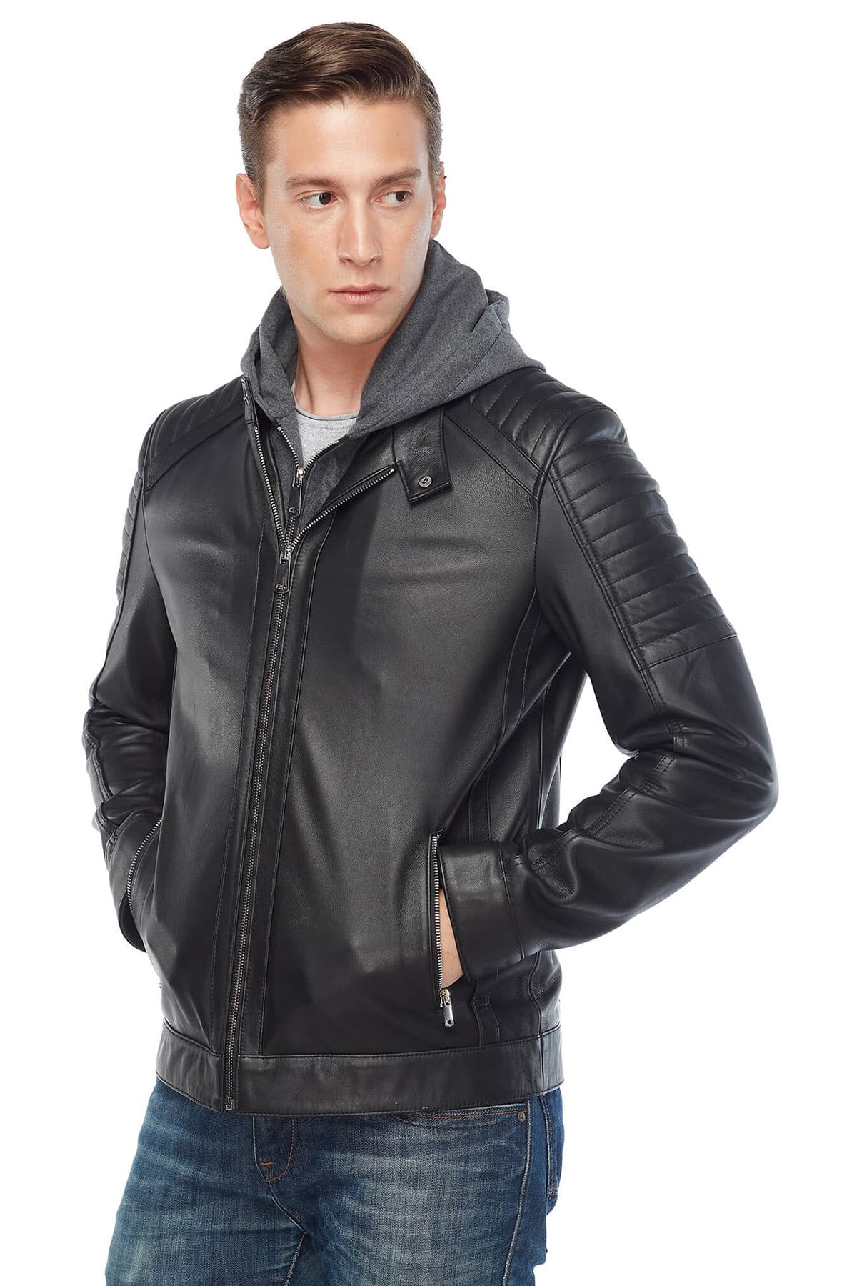 Mahir Bajramoski Men's 100 % Real Black Leather Hooded Jacket