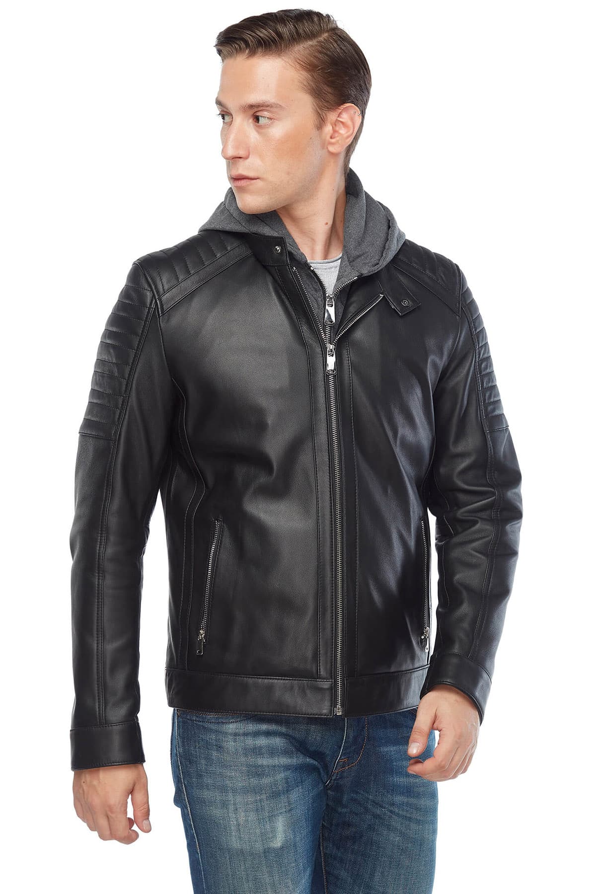 Mahir Bajramoski Men's 100 % Real Black Leather Hooded Jacket