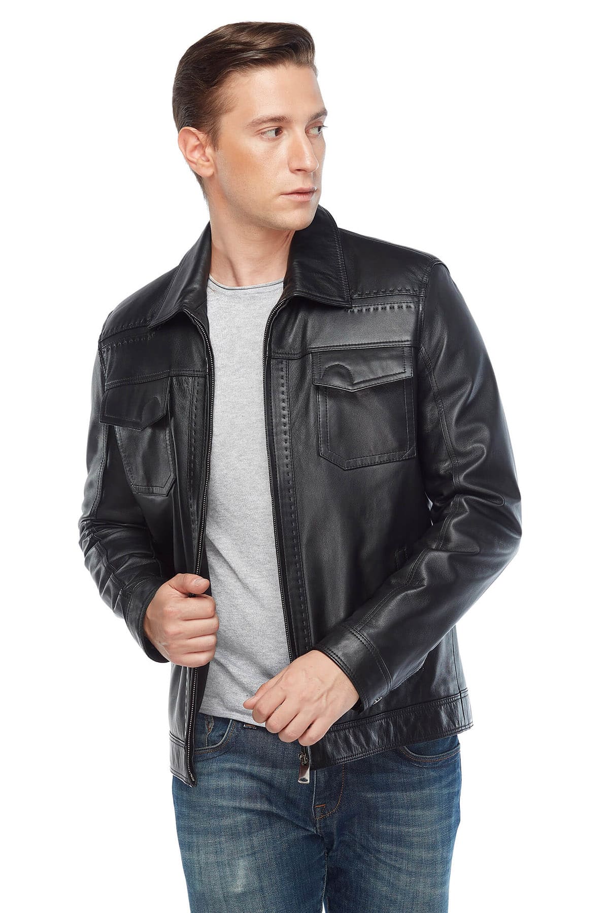 Marco Pointed Leather Jacket Black Pose