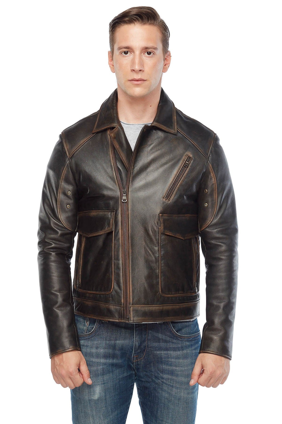 Marlon Blue Men's 100 % Real Brown/Light Brown Leather Distressed Jacket