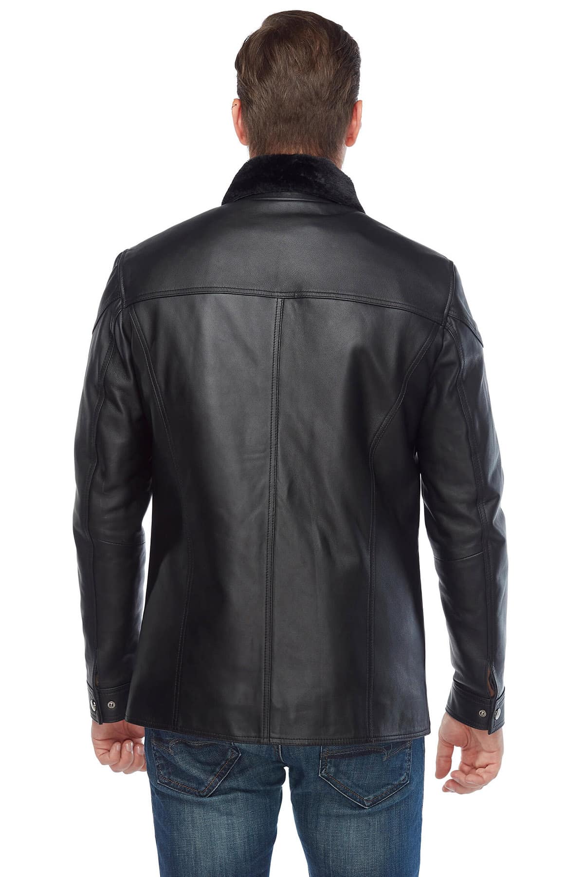 Mens Black Shearling Genuine Leather Coat Back