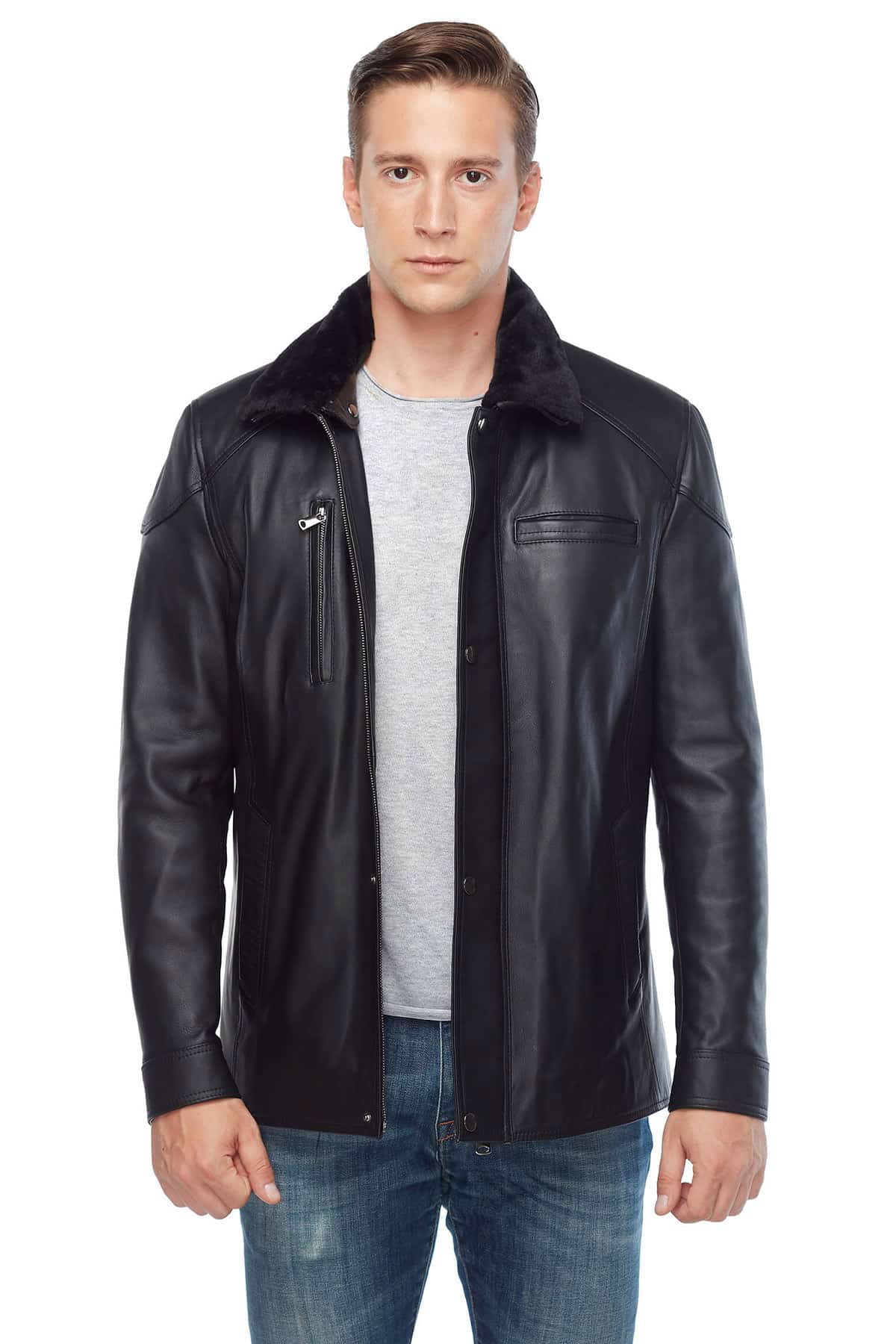 Men's 100 % Real Black Leather Shearling Jacket