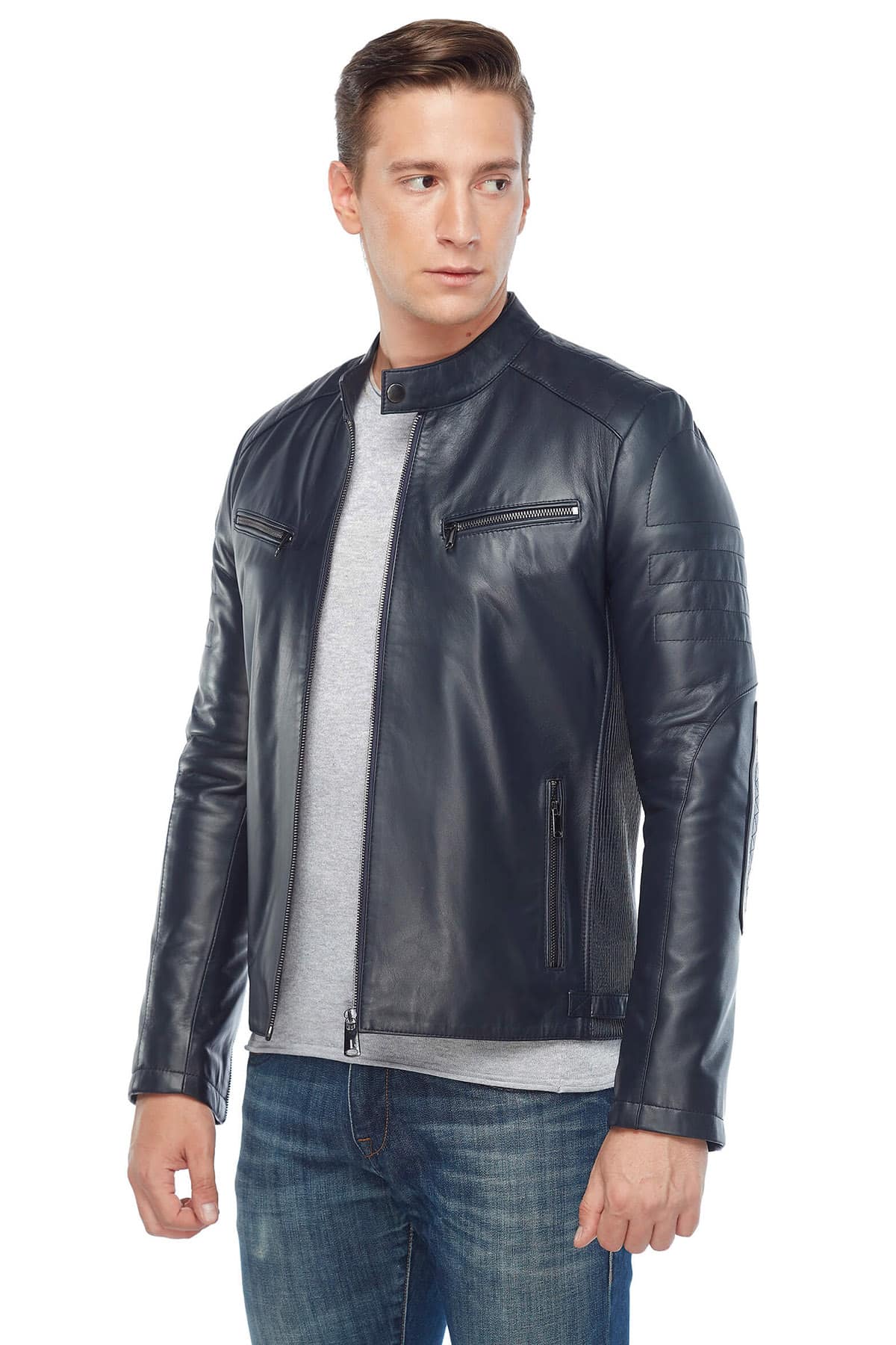 Michail Men's 100 % Real Navy-Blue Leather Sport Jacket