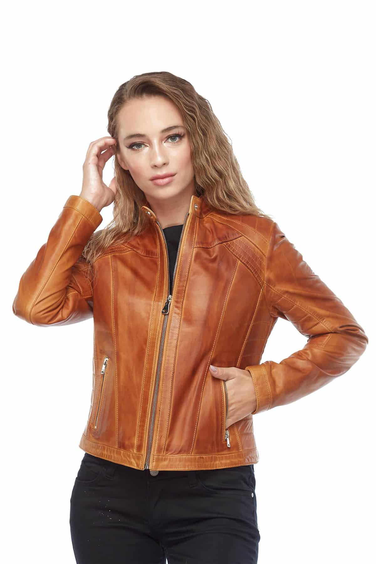 Millie Brady Waxed Brown Leather Jacket Pase