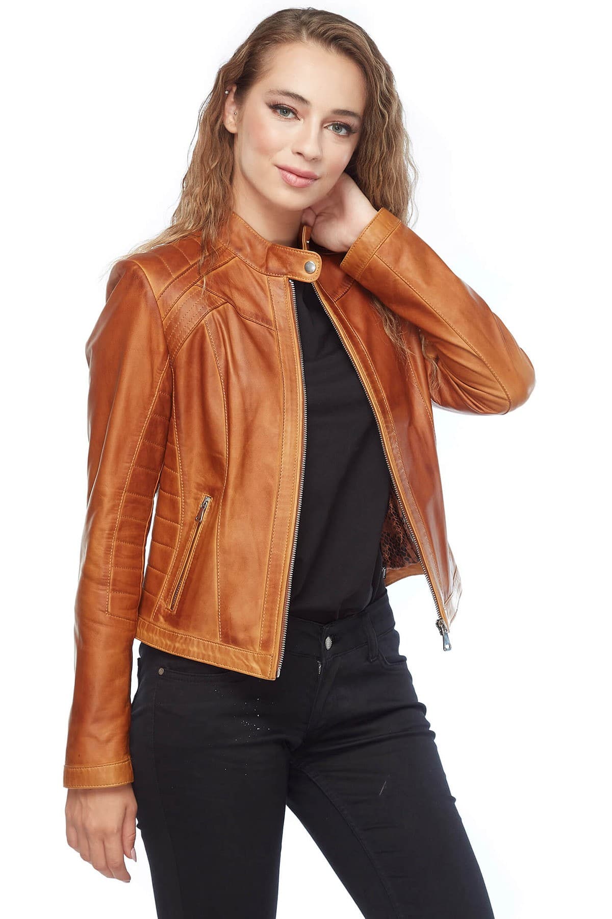 Millie Brady Waxed Brown Leather Jacket3