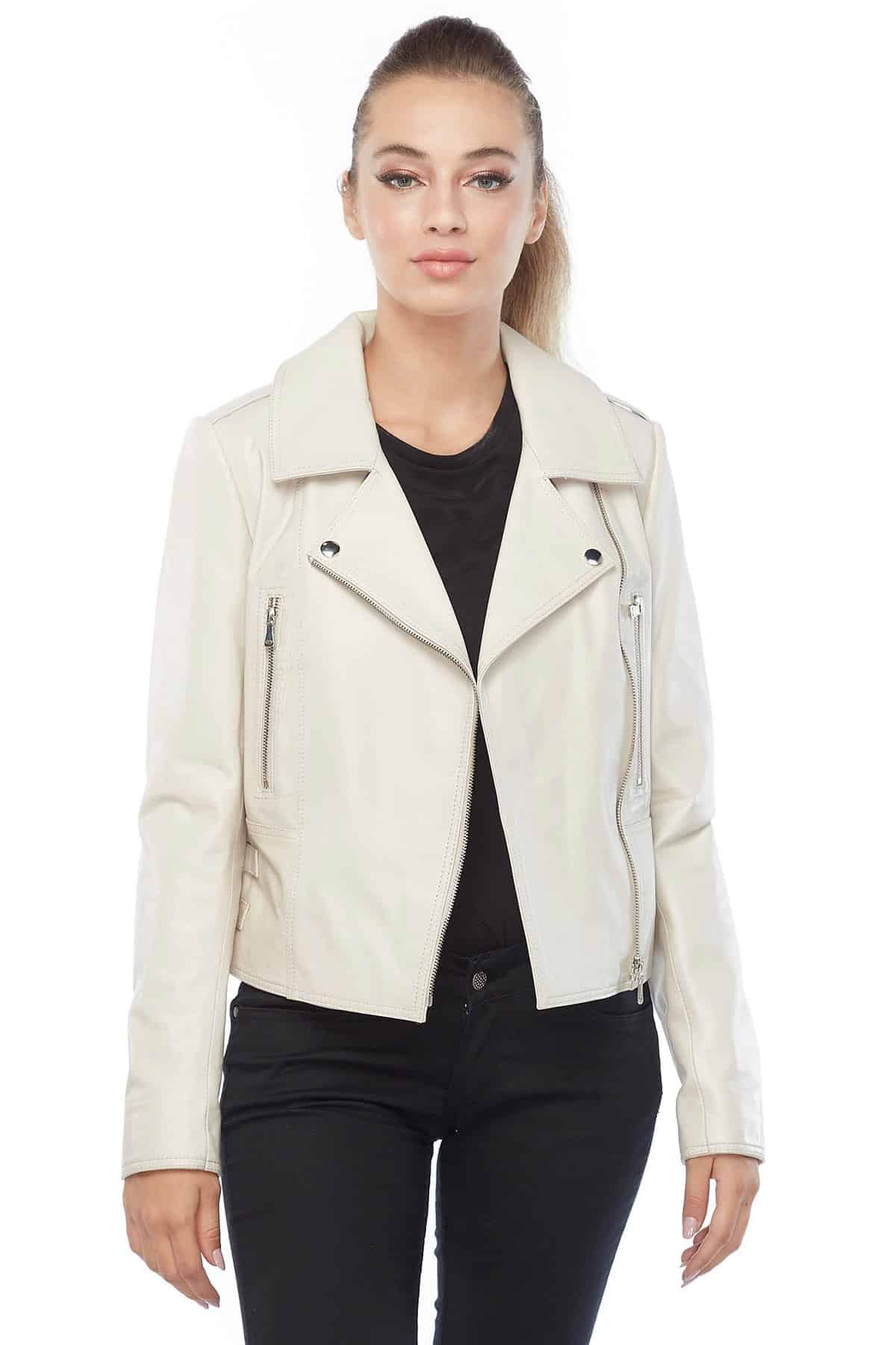 Nora Attal Women's 100 % Real Beige Leather Biker Jacket