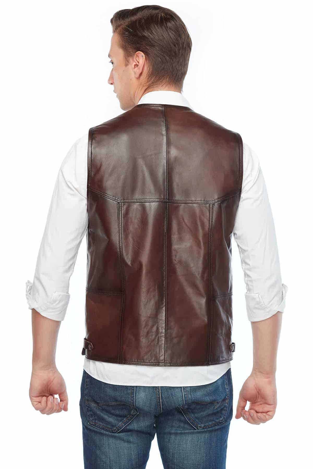 Oliver Goodwill Brown Men’s Leather Vest Coat Back