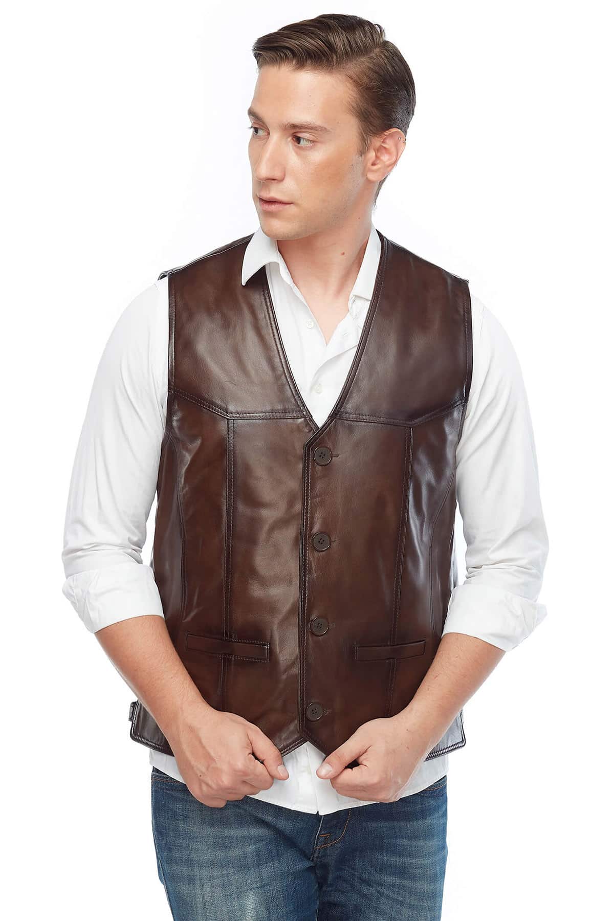 Oliver Goodwill Brown Men’s Leather Vest Coat Pose