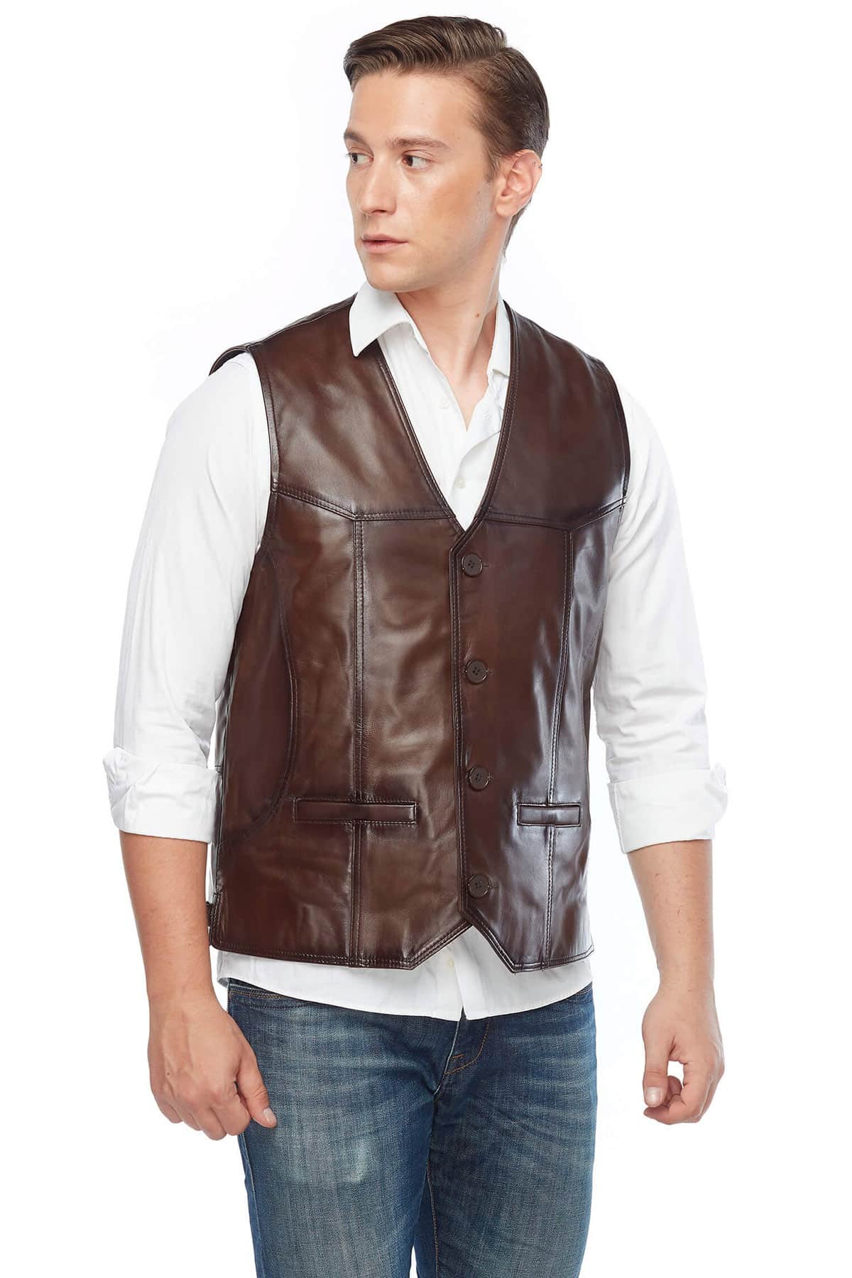 Oliver Goodwill Brown Men’s Leather Vest Coat Side