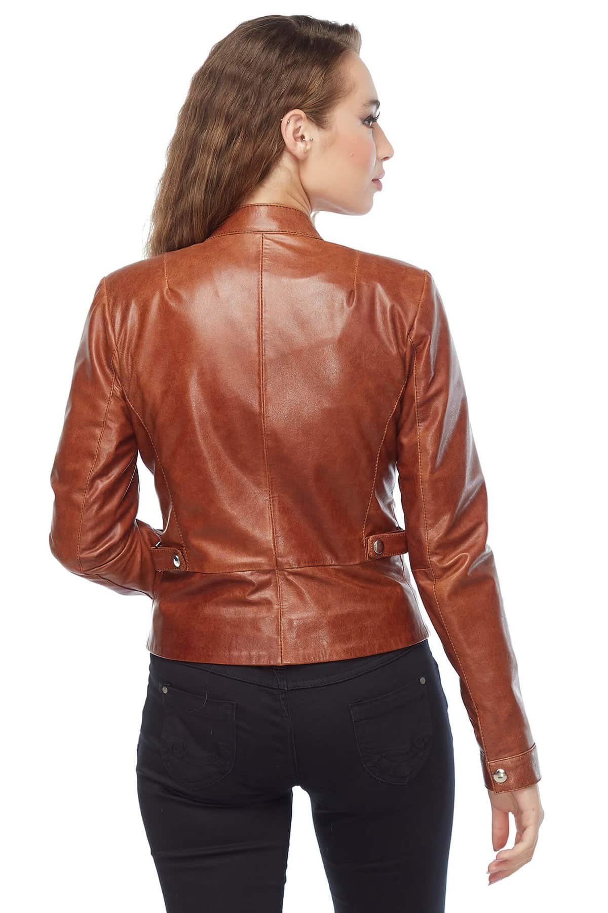 Olivia Genuine Leather Moto Jacket Tan Back