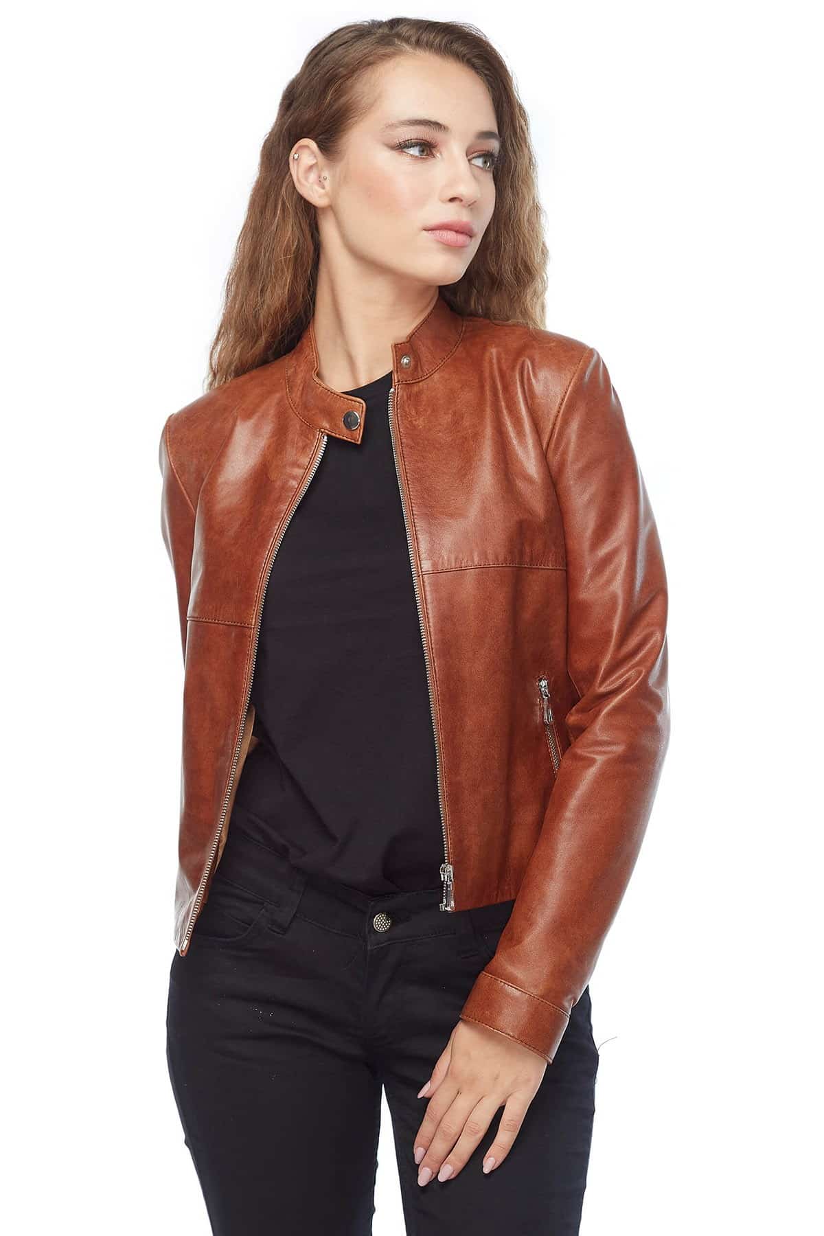 Olivia Genuine Leather Moto Jacket Tan Pose