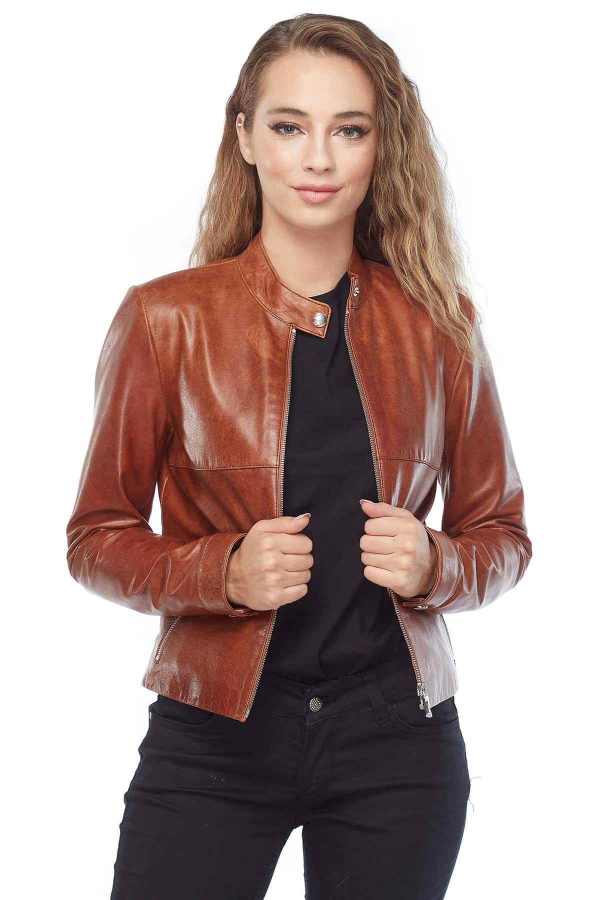 Olivia Genuine Leather Moto Jacket Tan2