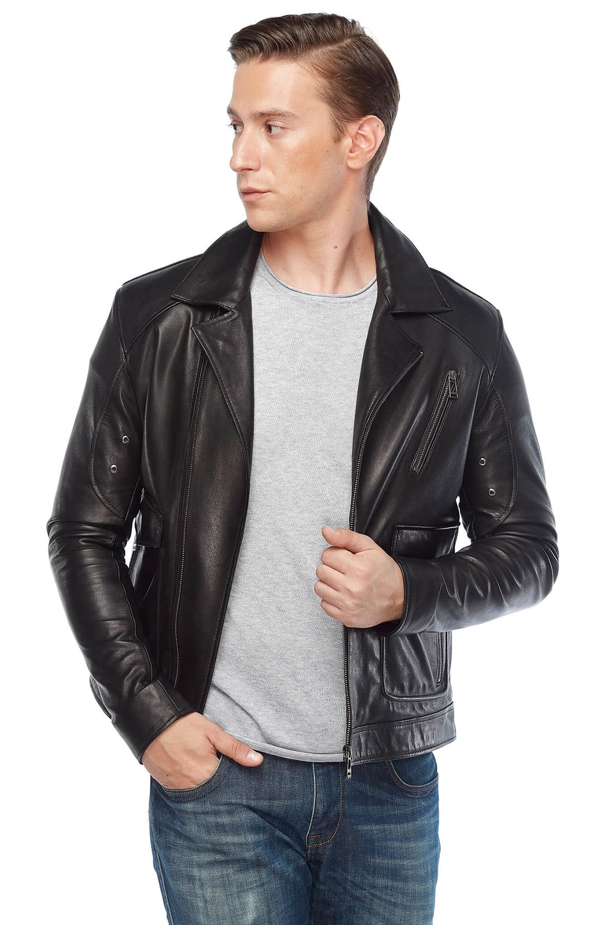 Orlando Bloom Genuine Leather Coat Black Pose