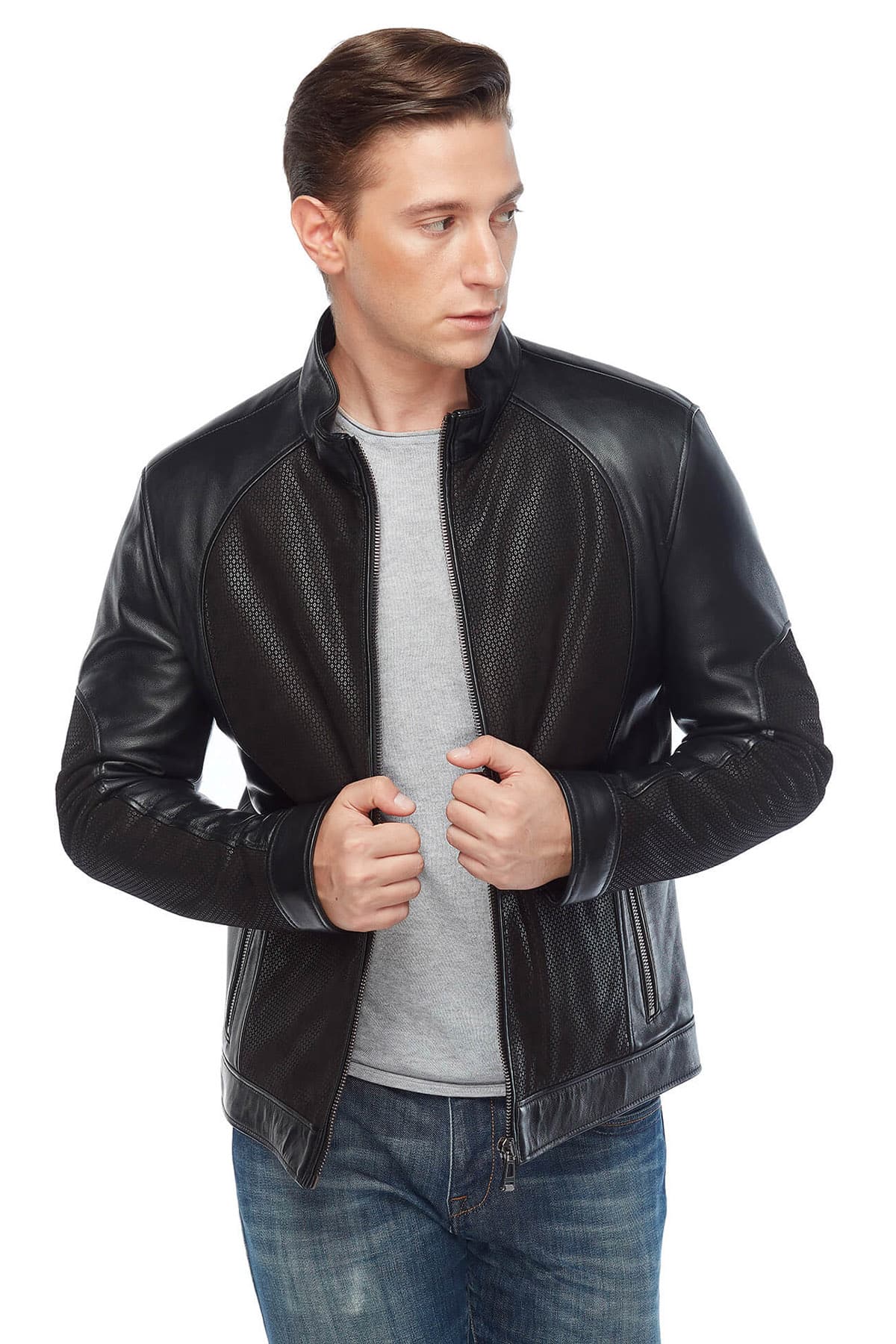 Men's 100 % Real Black Leather Laser Pyramid Design Jacket