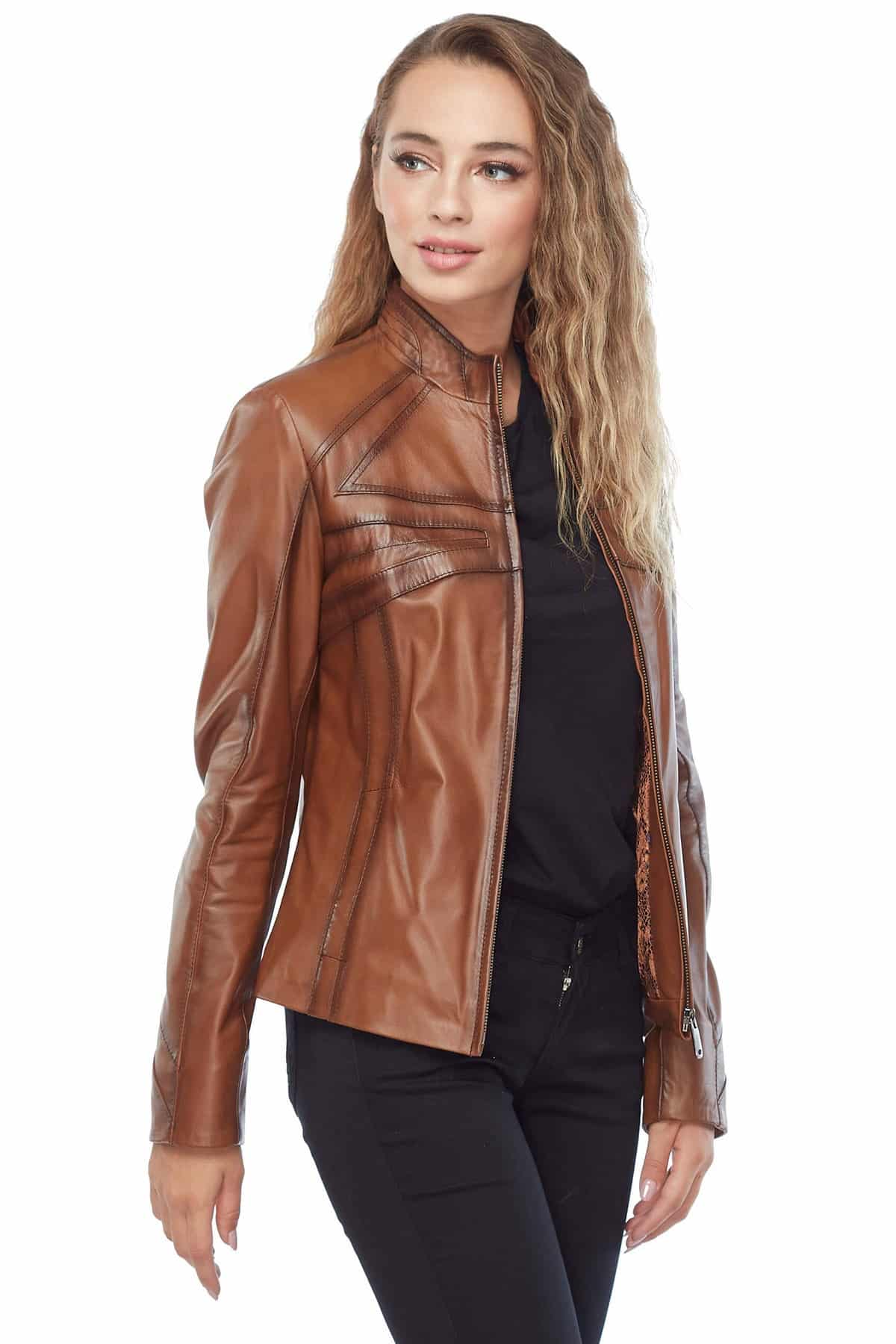 Rachel Grant Tan Leather Jacket Side