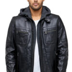 Rhine Men's 100% Real Black Leather Hooded Classic Jacket