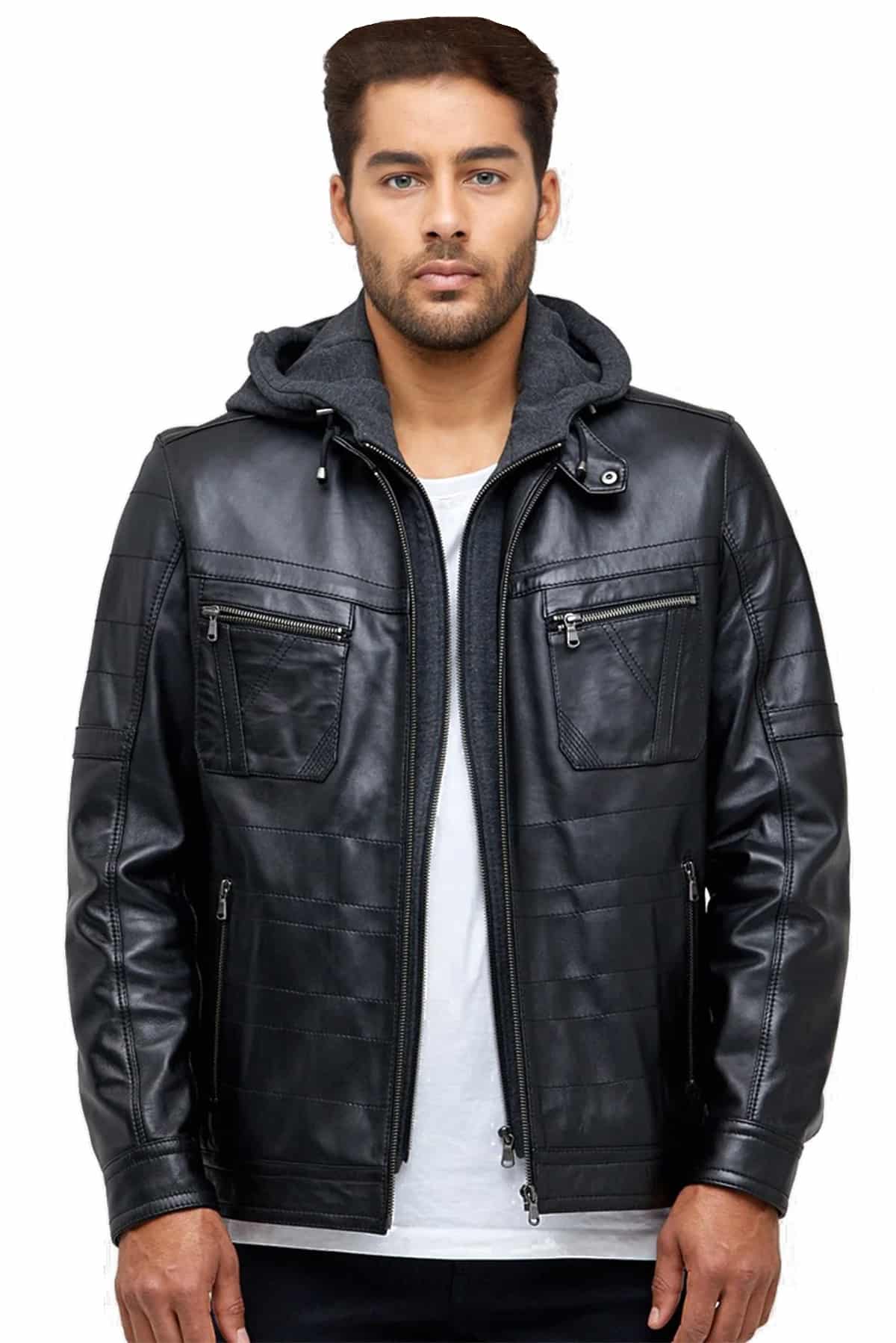 Rhine Men's 100% Real Black Leather Hooded Classic Jacket