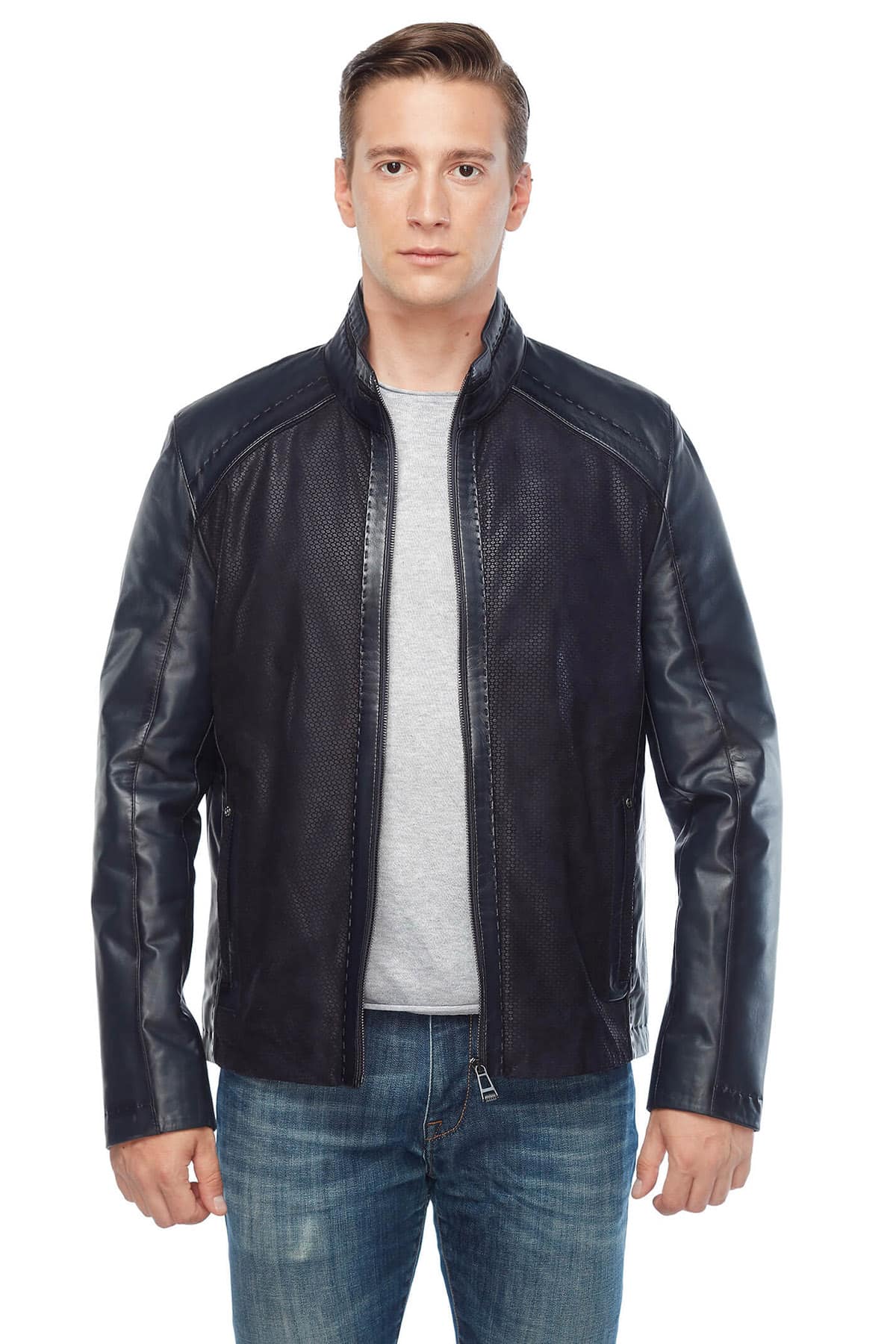 Robin Men's 100 % Real Navy-Blue Leather Suede Jacket