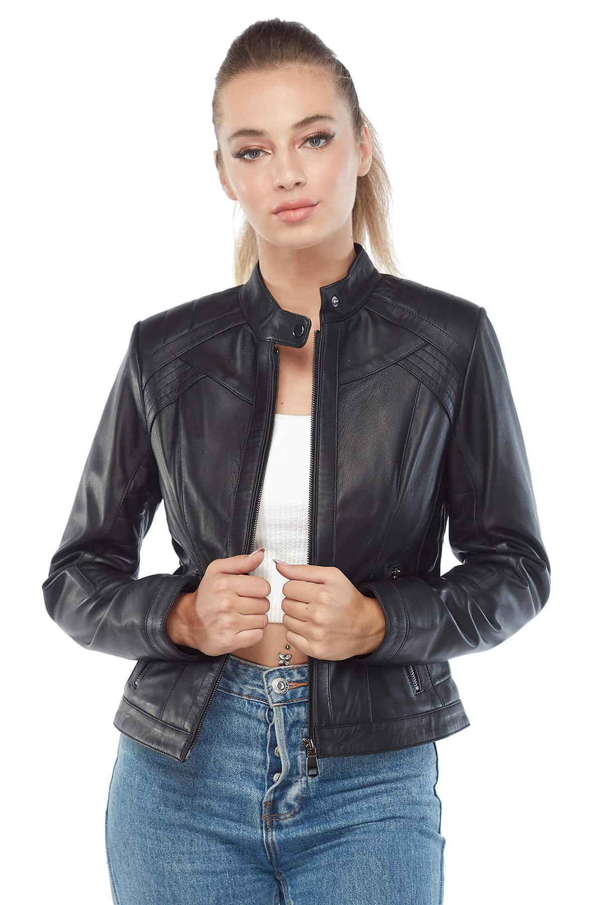 Rosa Women’s Leather Jacket in Black Pose