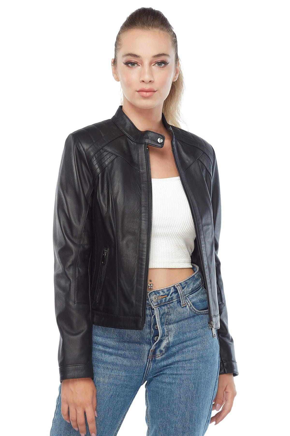 Rosa Women's 100 % Real Black Leather Jacket