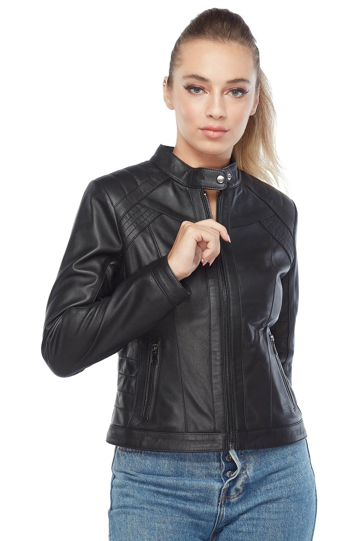 Rosa Women's 100 % Real Black Leather Jacket