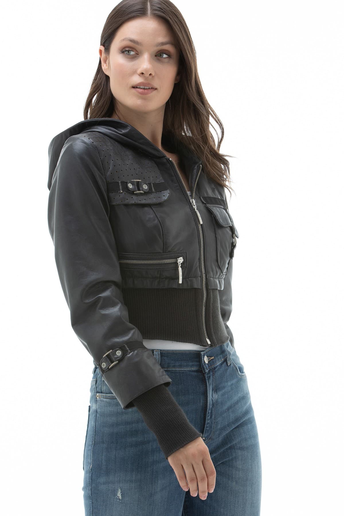 Women anthracite lambskin leather jacket With Free Shipping