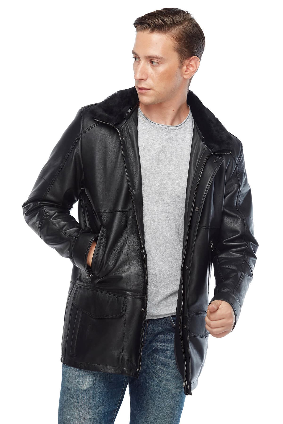 Sam Webb Black Men’s Leather Coat Pose