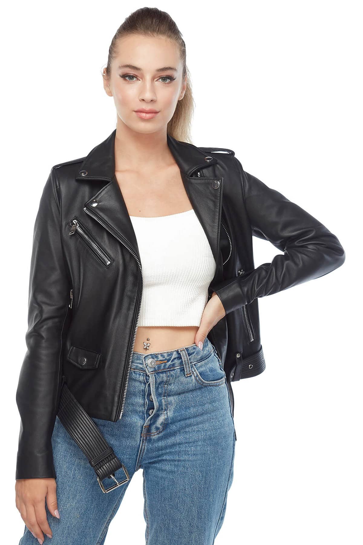 Sandra Women's 100 % Real Black Leather Motocycle Jacket