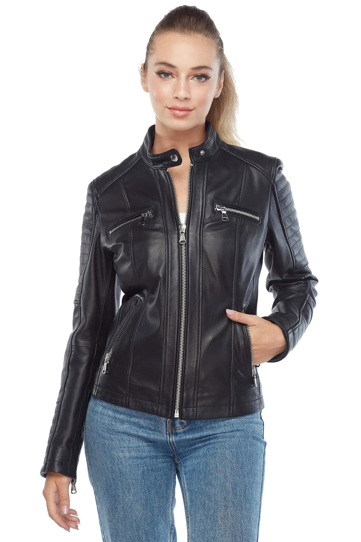Sarah Archer Genuine Leather Jacket in Black3