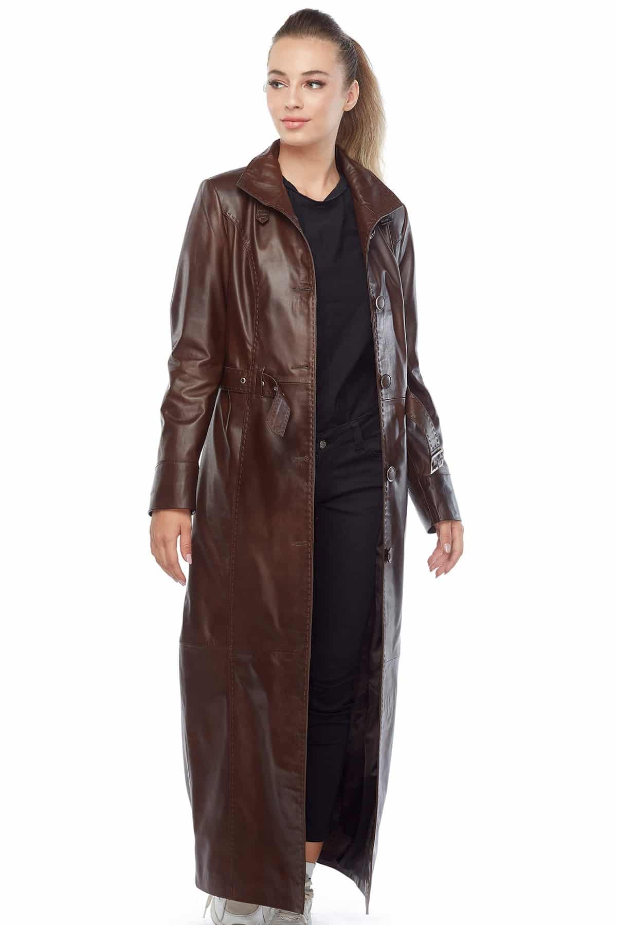 Skyler Genuine Brown Long Leather Coat Side