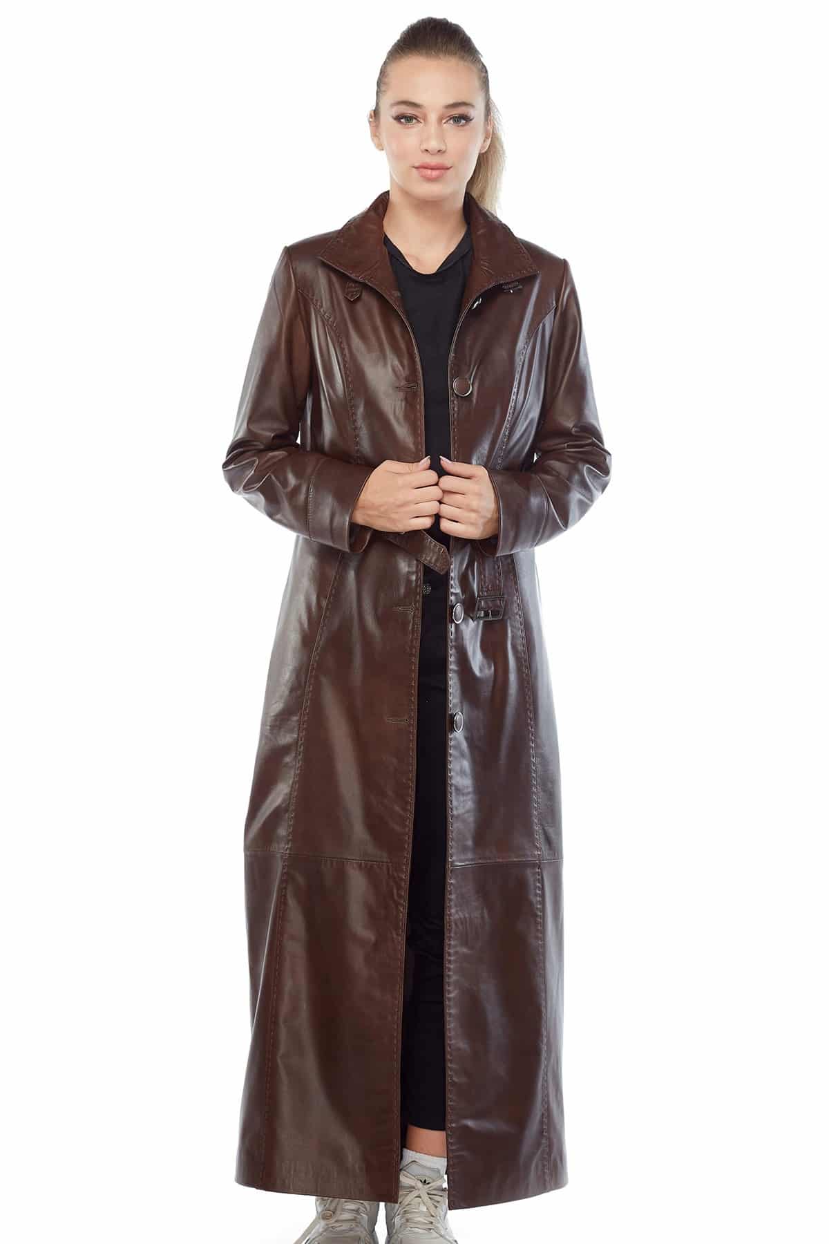 Extra Long Leather Coat for Womens in Brown