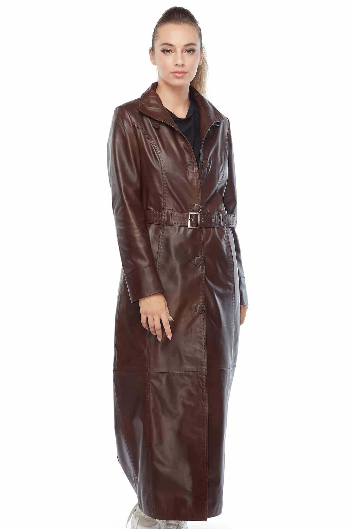 Extra Long Leather Coat for Womens in Brown