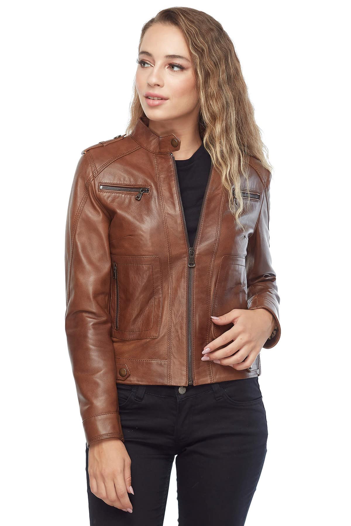 Sofia Genuine Leather Women’s Jacket Brown Pose