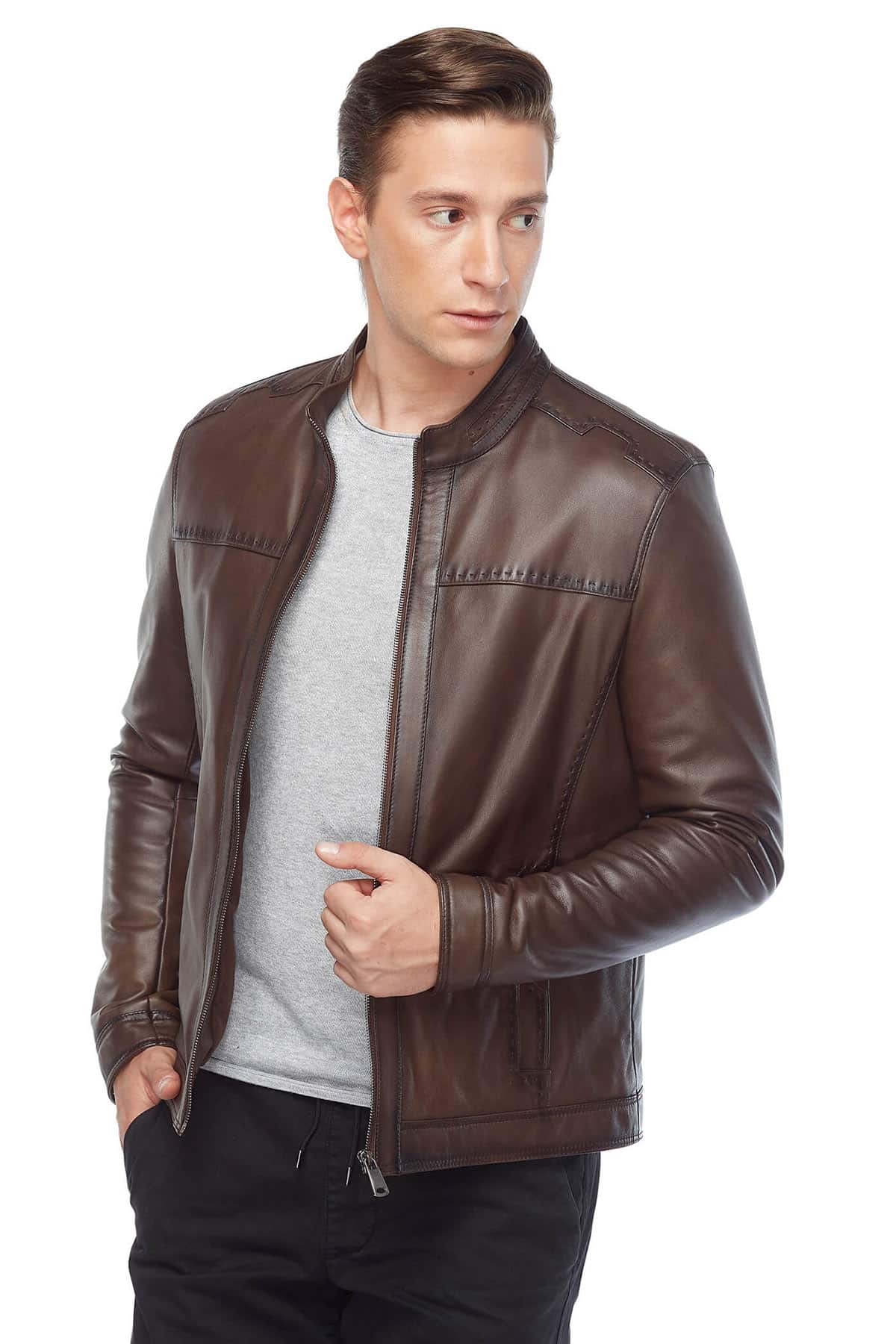 Men's 100 % Real Brown Leather Sport Stitched Jacket