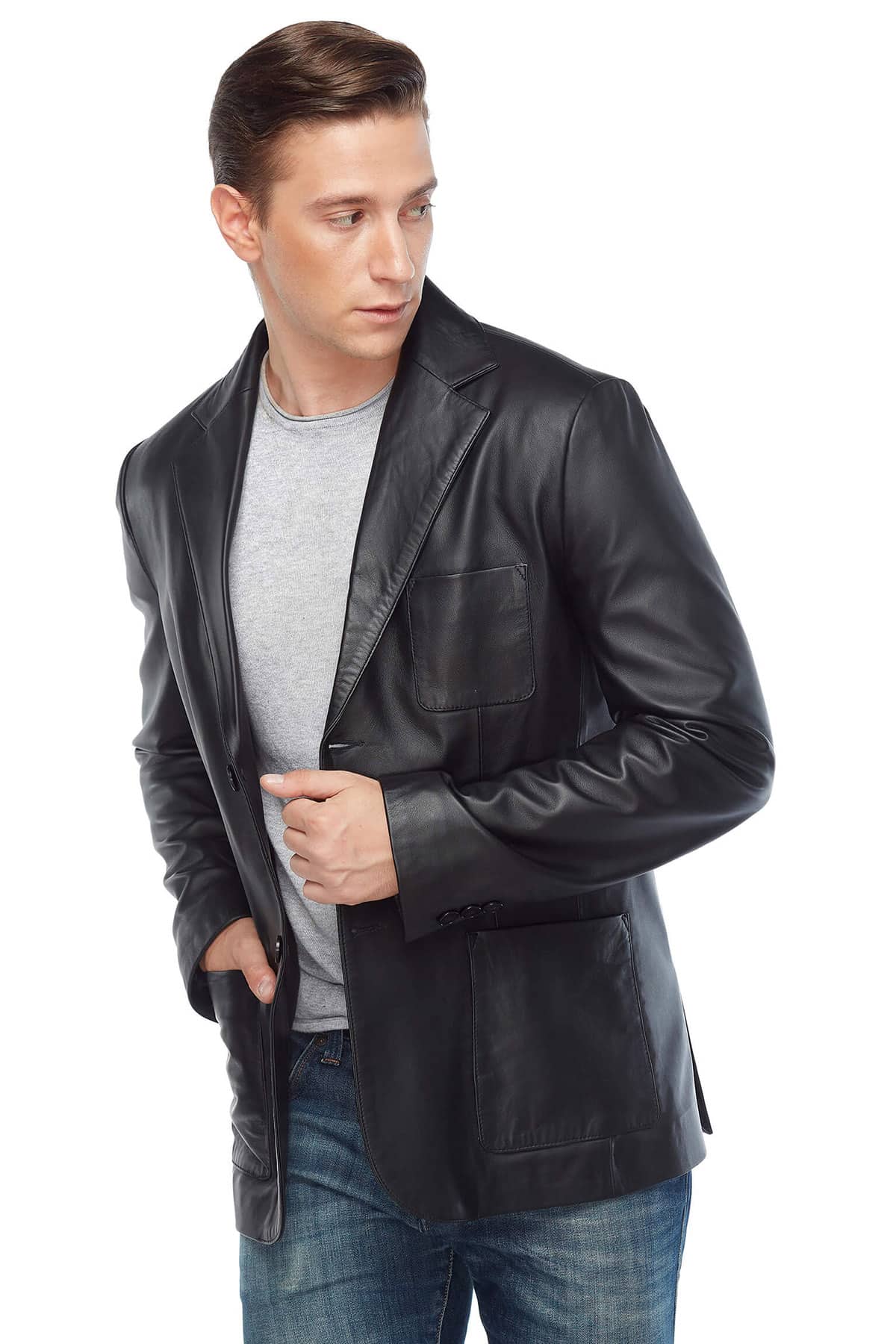 Stephen James Black Blazer Leather Jacket Pose