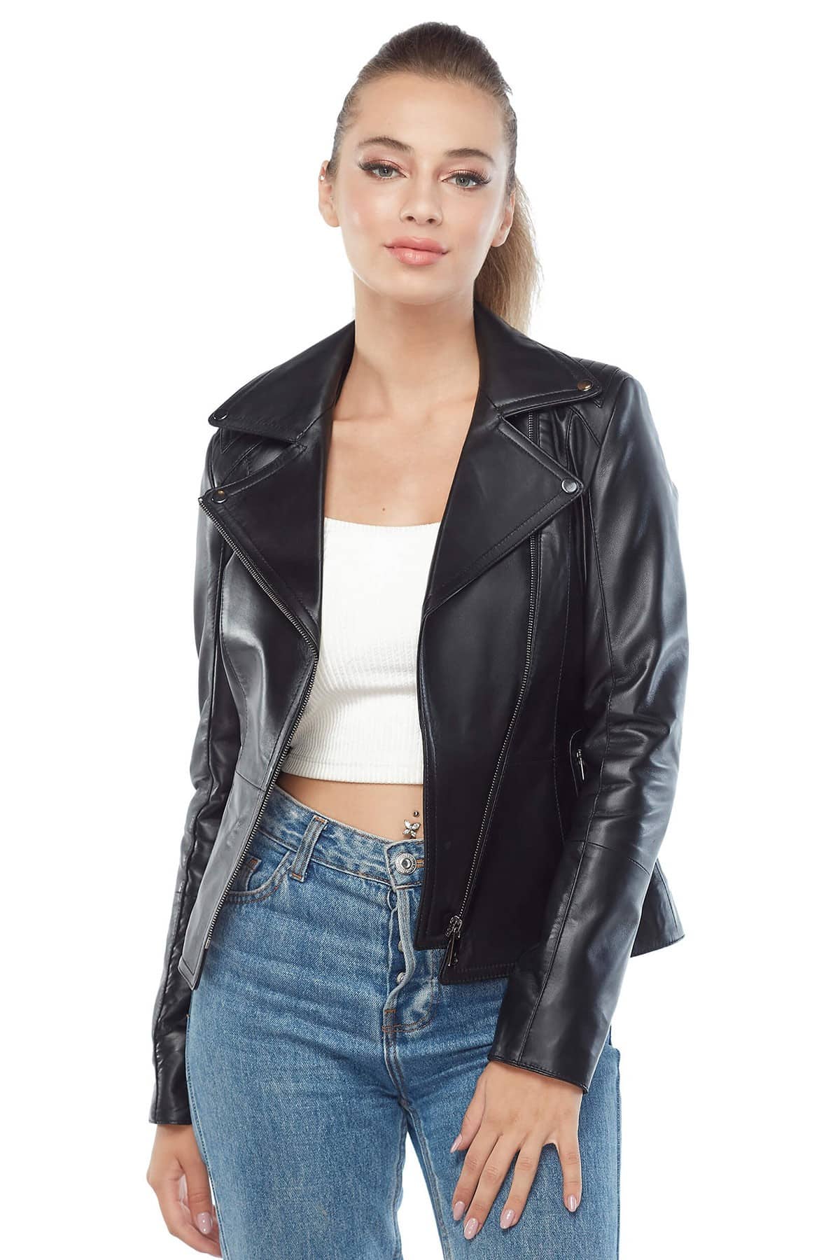 Sylvia Women's 100 % Real Black Leather Sport Biker Jacket