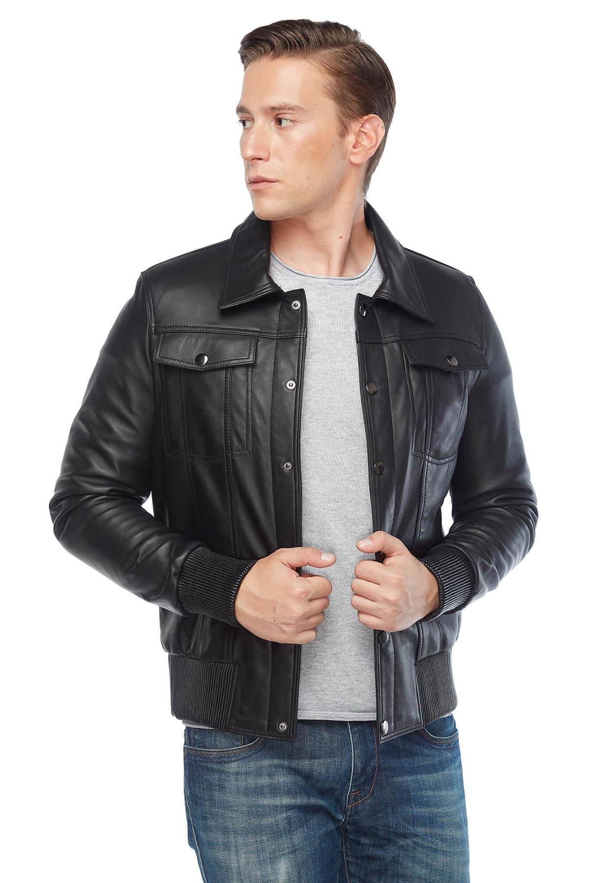 Will Chalker Men's 100 % Real Black Leather Bomber Jacket