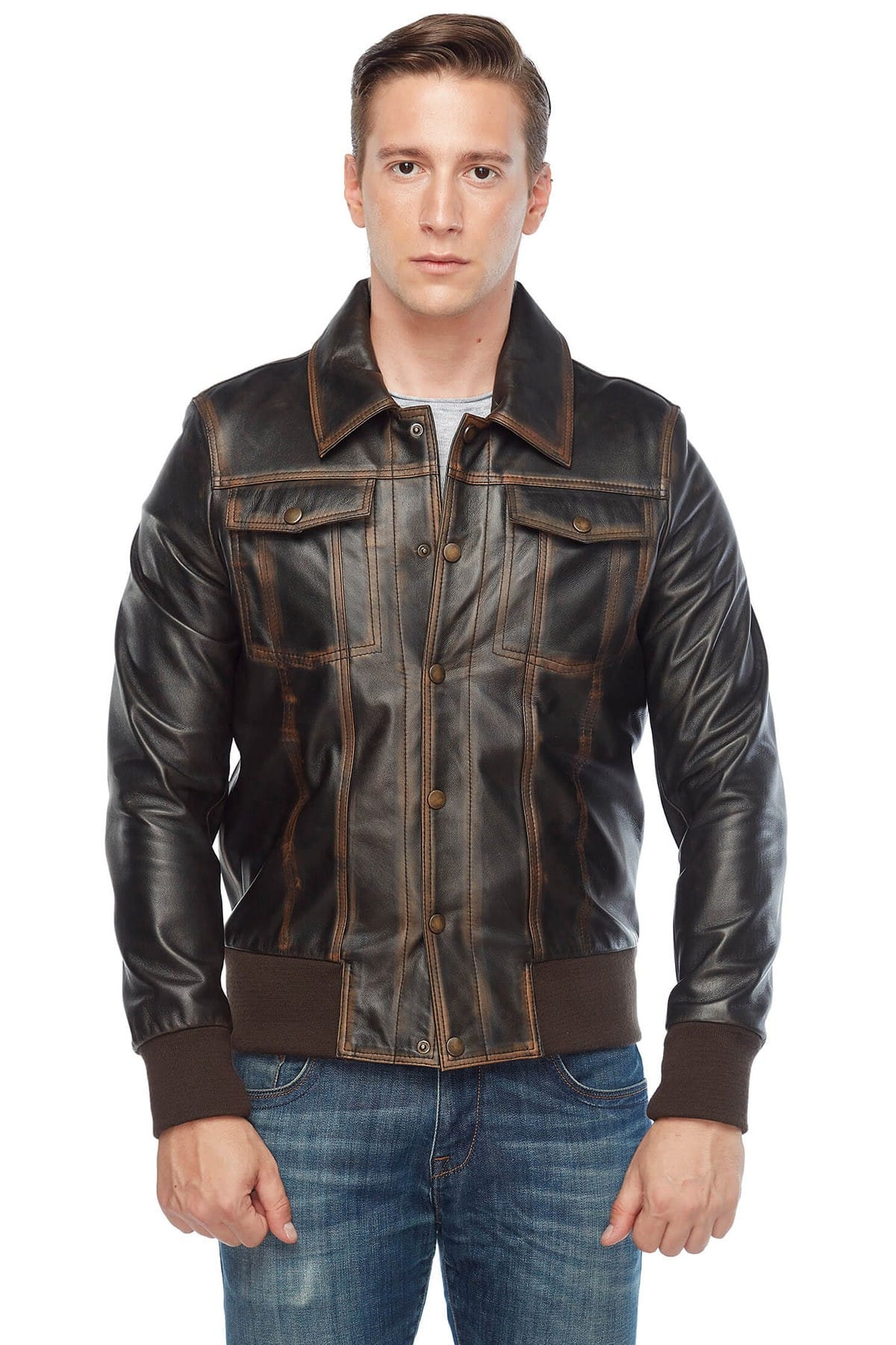 Will Chalker Men's 100 % Real Brown Leather Bomber Real Distressed Jacket